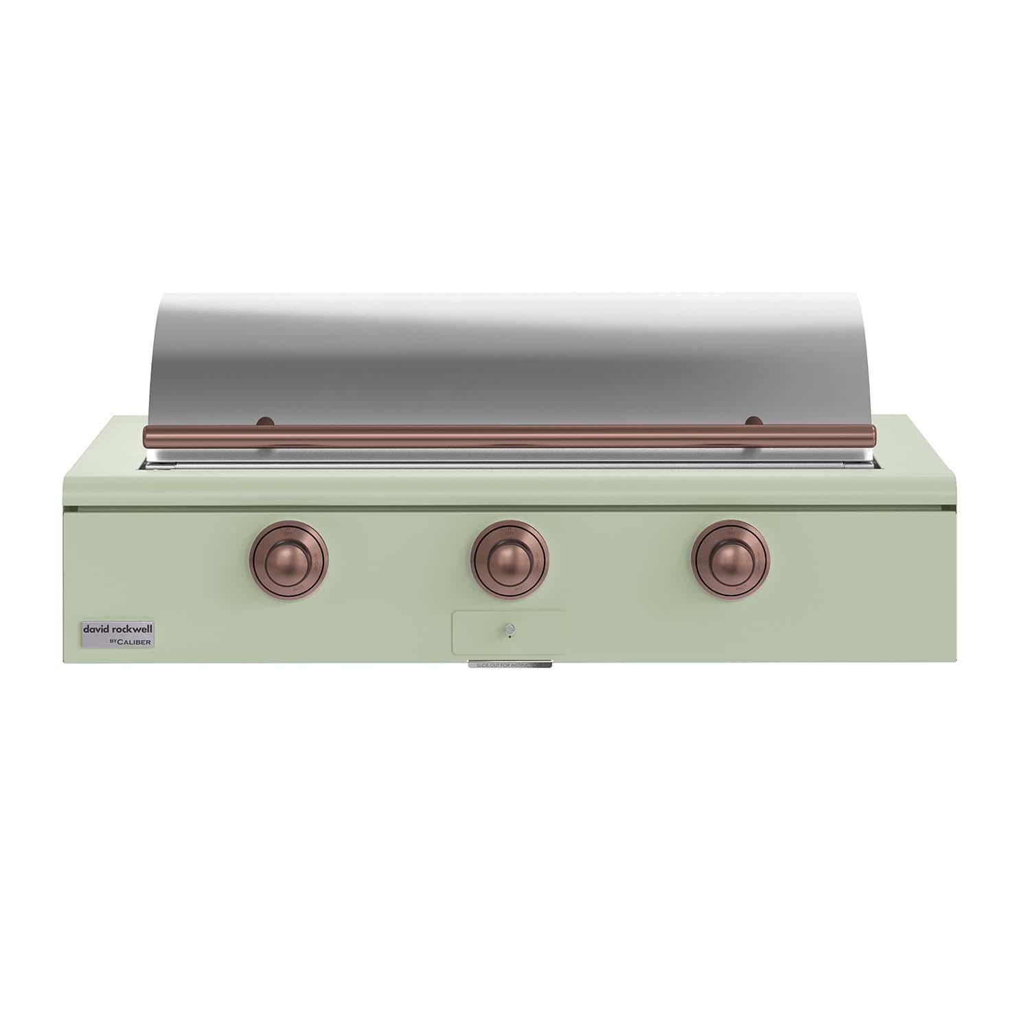 Caliber CRG-48BL00-A-129-H03 48-in Propane Built-In Rockwell Grill - Sage w/ Copper Hardware - Lid Closed - White Background thumbnail