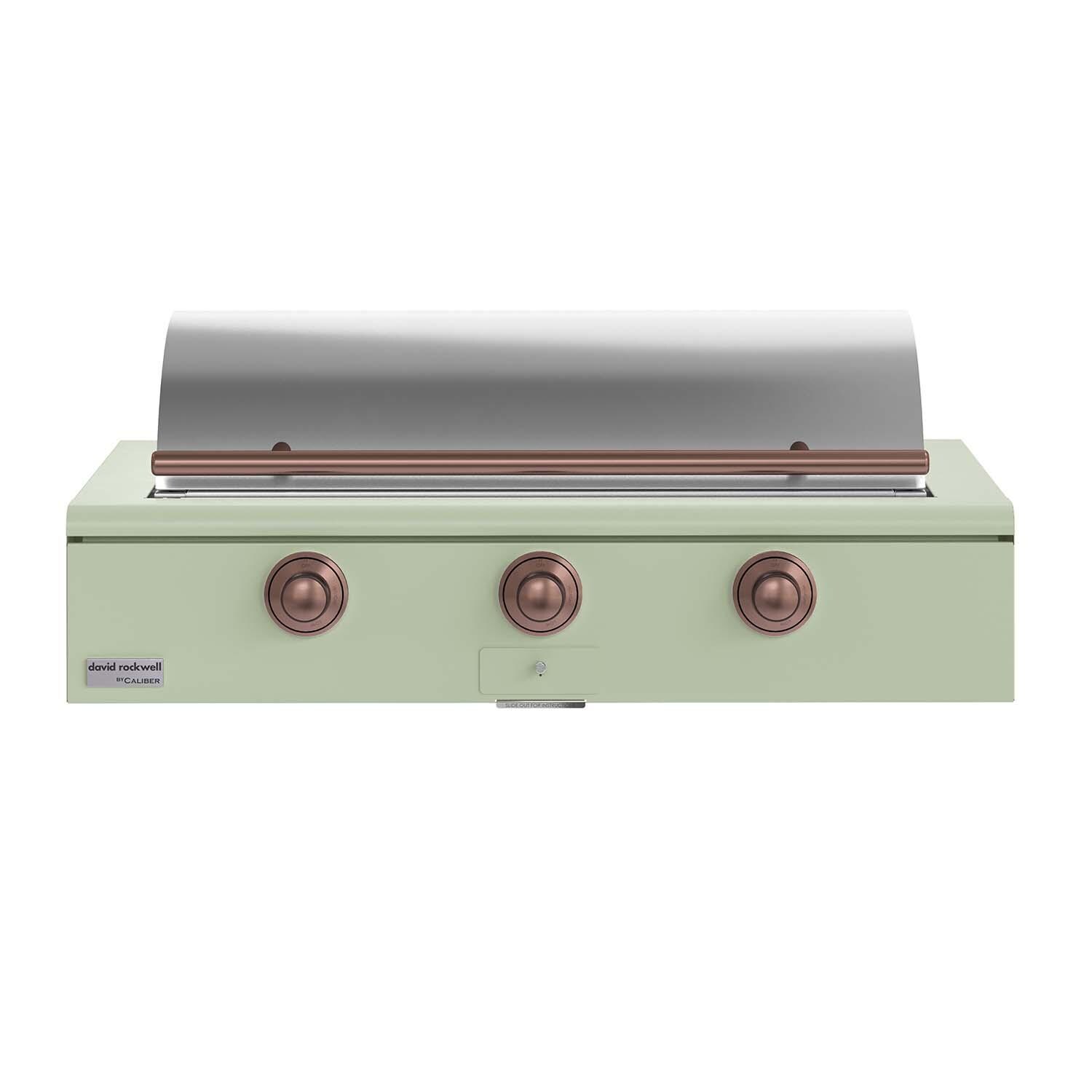 Caliber CRG-48BL00-A-129-H03 48-in Propane Built-In Rockwell Grill - Sage w/ Copper Hardware - Lid Closed - White Background thumbnail