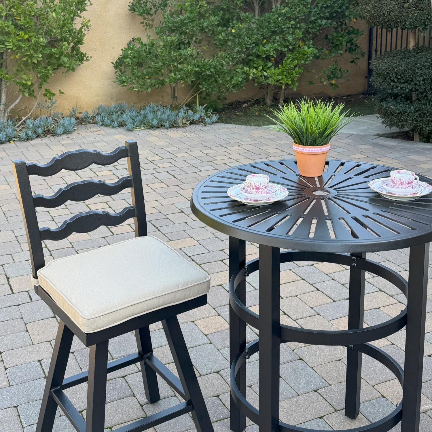 Aspen Aluminum 3 Pc Patio Bar Set w/ 30-in Round Counter Height Bar Table in Beige by Darlee - Left Bar Stool w/ Bar Set - Lifestyle thumbnail