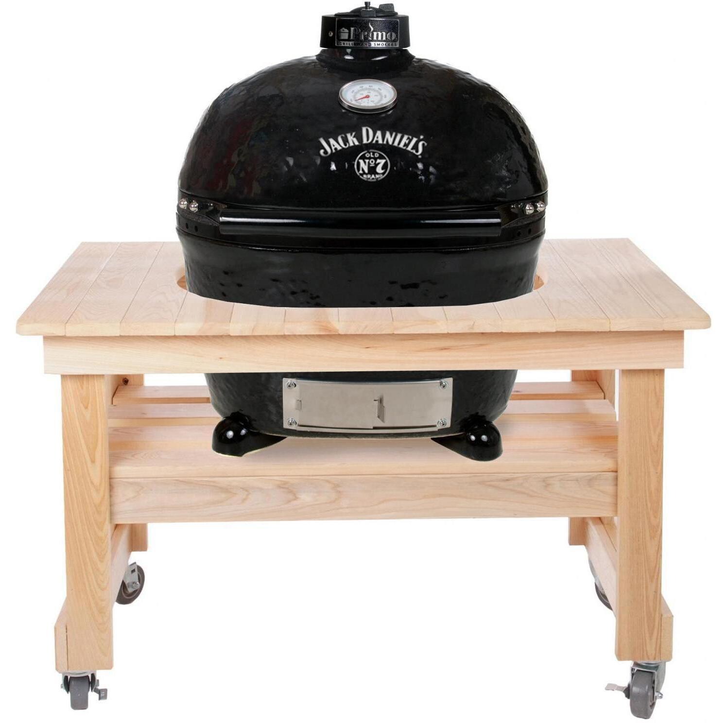 Primo Jack Daniels Edition Oval XL 400 Ceramic Kamado Grill On Compact Cypress Table With Stainless Steel Grates - 900
