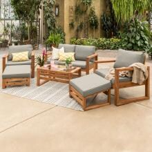 Hudson 6 Piece Acacia Patio Conversation Set W/ Gray Cushions By Walker Edison image