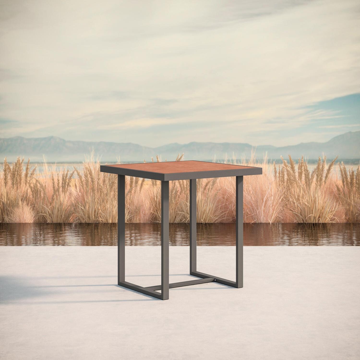 Azzurro Living Pavia 35 Inch Charcoal Aluminum Counter Table W/ Umber Dekton Top - Lifestyle thumbnail