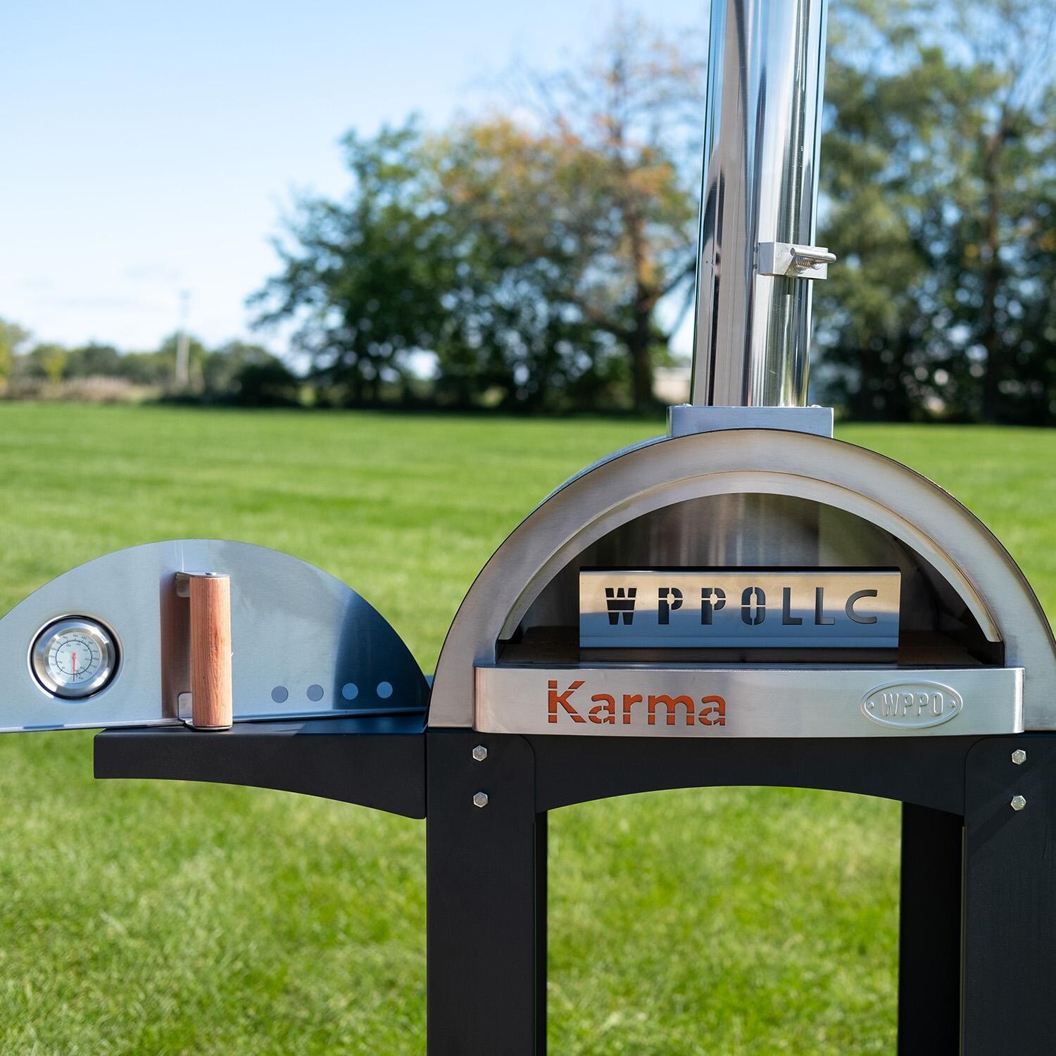 WPPO WKK-01S-WS-Black Karma 25-in Wood Fired Pizza Oven w/ Black Cart - Black - Shown w/ Door Off - Lifestyle thumbnail