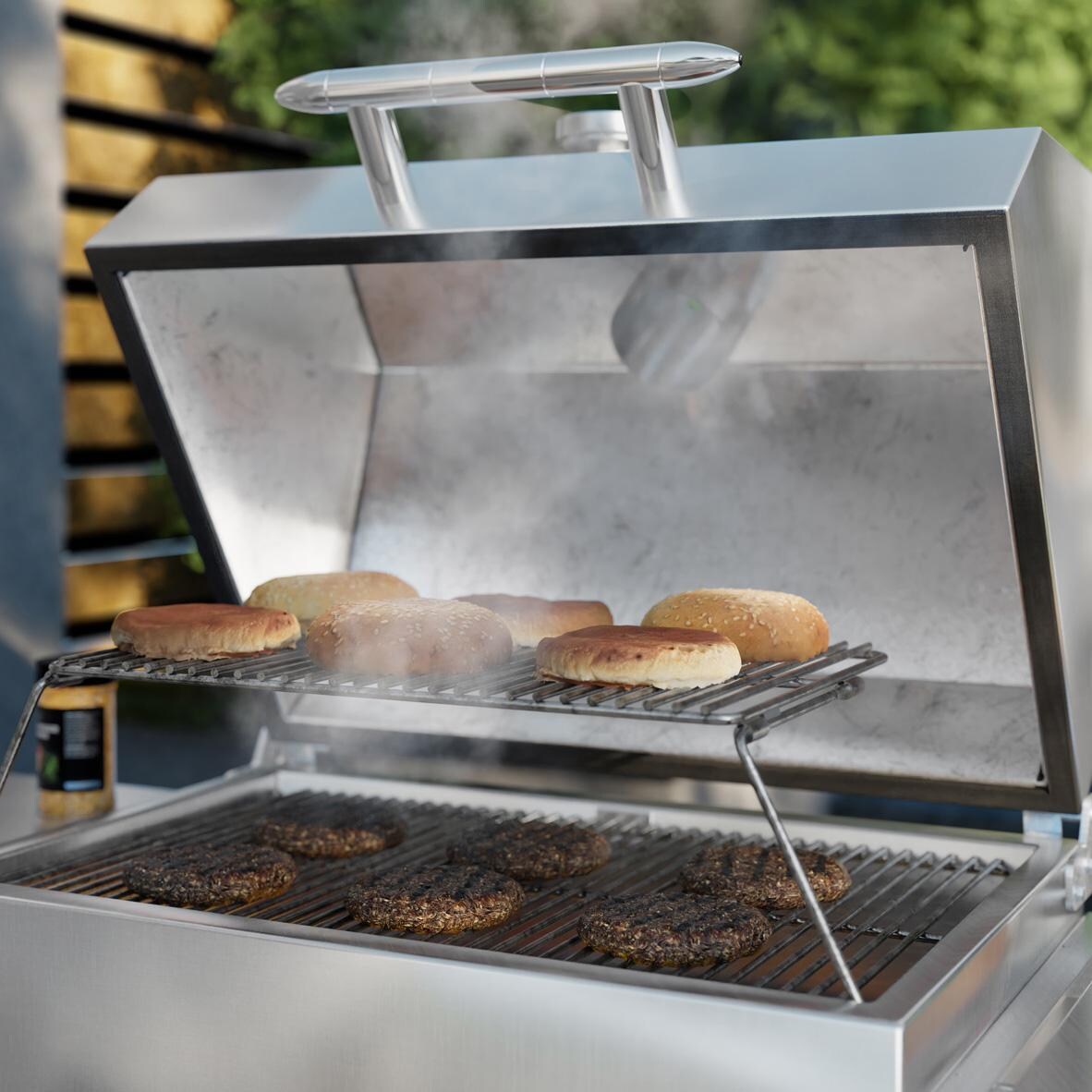 Rocket Outdoors MDSRF Medium Silver Rocket Kamado Grill - MDSRF - Lid Open Burgers - Lifestyle thumbnail