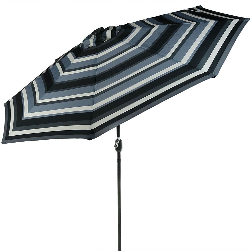 Sunnydaze 9 Ft. Solar Lighted Octagonal Aluminum Patio Market Umbrella W/ Crank & Tilt - Black Frame & Catalina Beach Stripe Polyester Canopy image