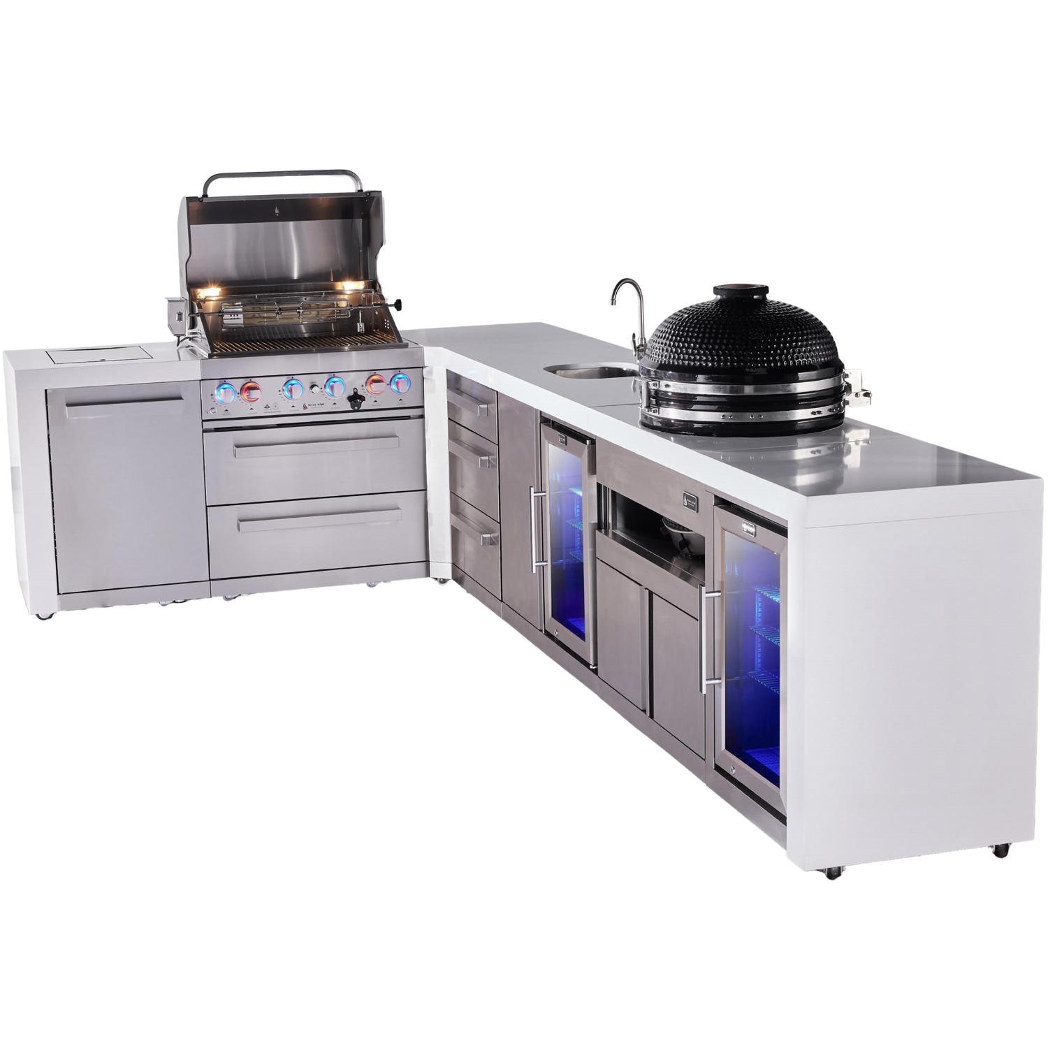 Mont Alpi Deluxe Series 12 Ft L-Shaped Natural Gas Outdoor Kitchen Island w/ 32-in Grill, Side Burner, Beverage Center, Fridge, Kamado Module & Extra Door (Ships Propane w/ Conversion Kit) - Grill Open - White Background thumbnail
