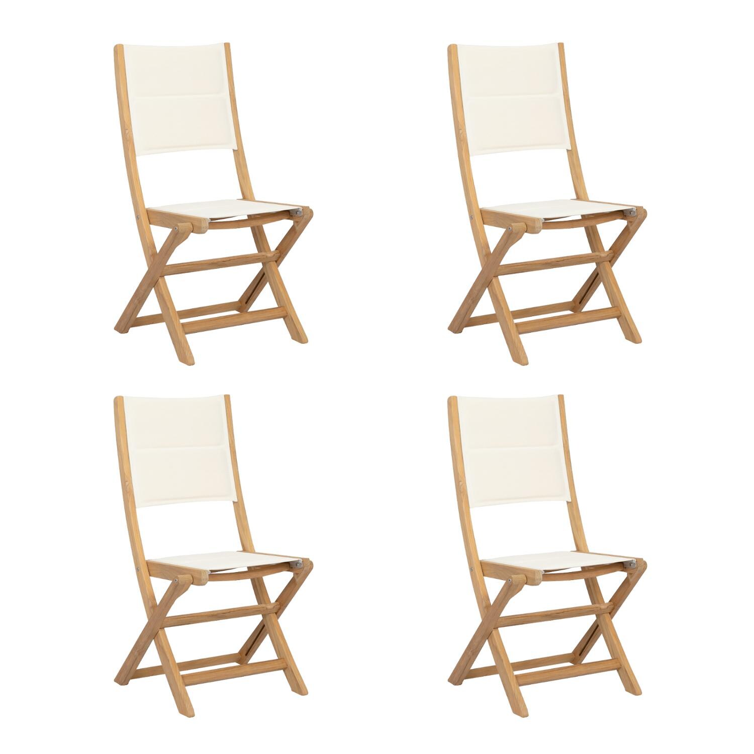 Sunset West Huntington 4 Piece Teak Foldable Armless Sling Patio Dining Chair Set W/ Padded Phifertex Frost Slings image