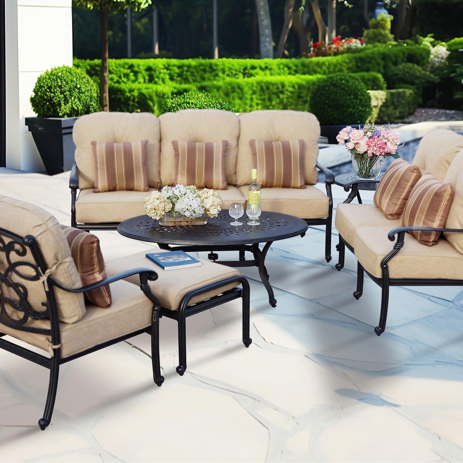 Darlee Santa Monica 6 Pc Cast Aluminum Seating Set w/ 46 X 31 Inch Oval Table & Throw Pillows in Antique Bronze/Beige Canvas by