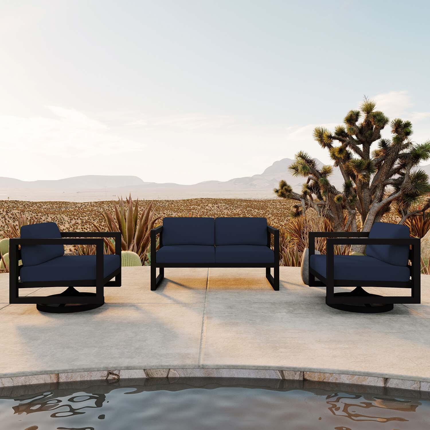 Misty Cove 3 Pc Aluminum Loveseat Seating Set w/ Swivel Chairs in Black/Spectrum Indigo by Lakeview Outdoor Designs - Lifestyle thumbnail