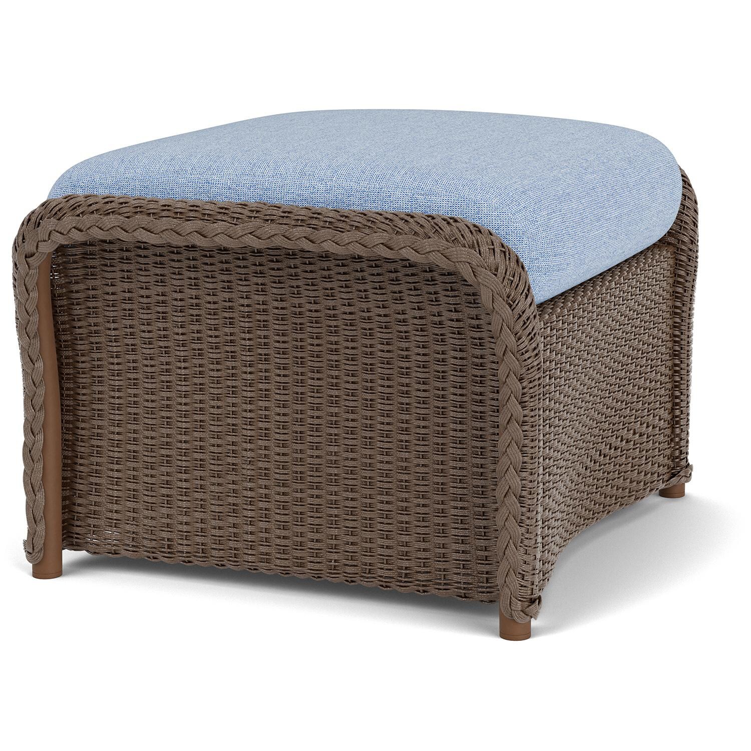Lloyd Flanders Weekend Retreat Woven Ottoman in Bark Finish W/ Demo Skyway Fabric - Angled thumbnail