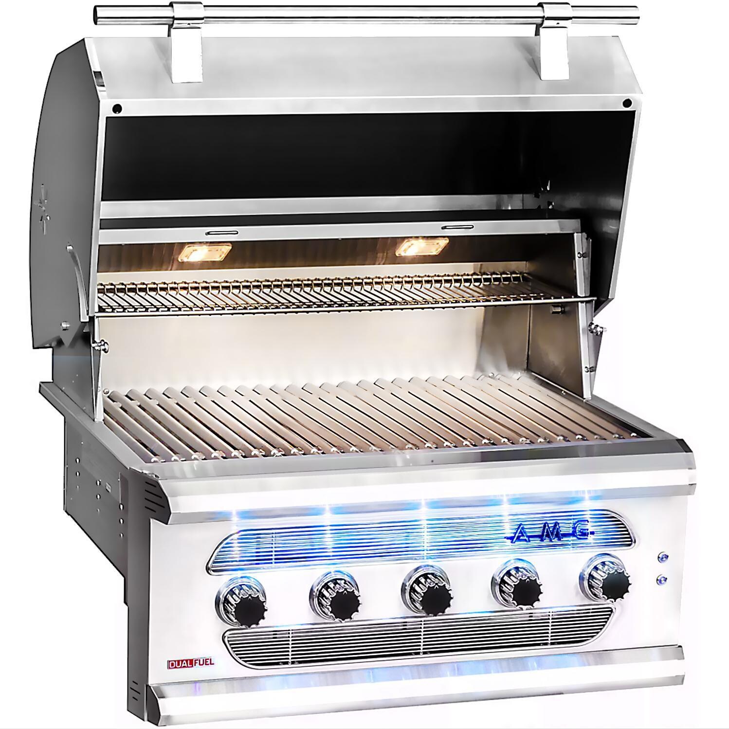 American Muscle Grill 36-Inch Built-In Gas Grill - Angled Open View With Lights (Shown With Rotisserie - Not Included) thumbnail