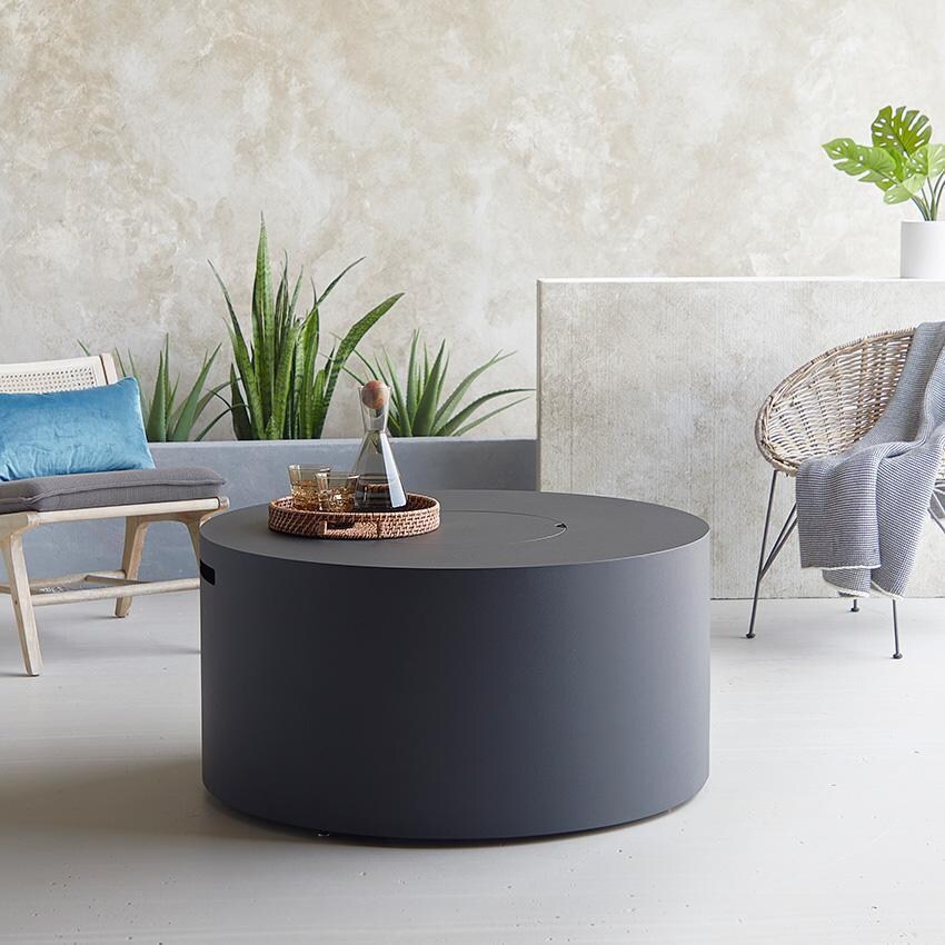 Covewood 4292LP-CHRC 41 Inch Round Aluminum Propane Fire Pit Table in Black by BBQGuys Signature - Covered With Burner Lid - Lifestyle