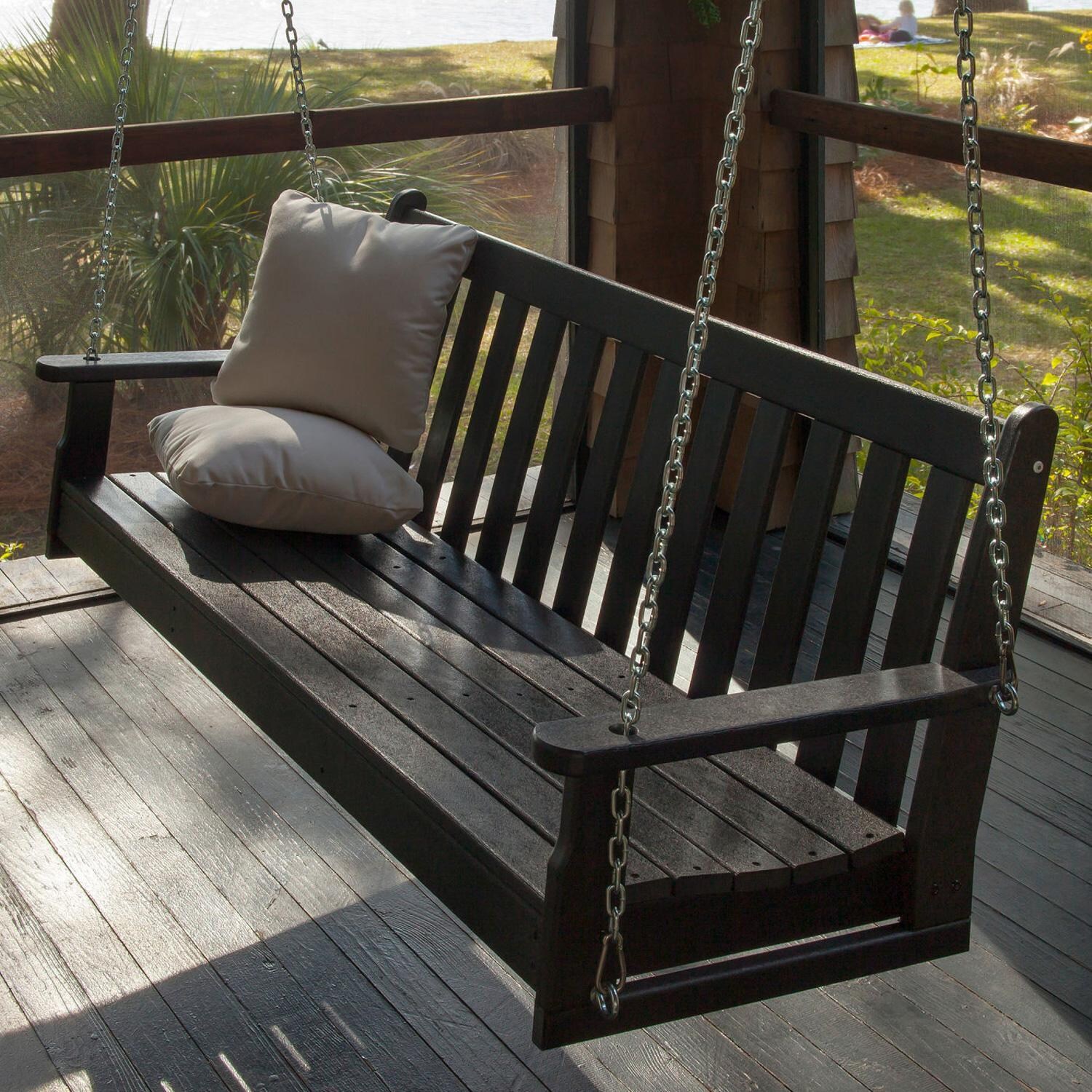POLYWOOD Vineyard 60-Inch Porch Swing - Teak - Installed in Backyard - Shown in Black - Lifestyle thumbnail