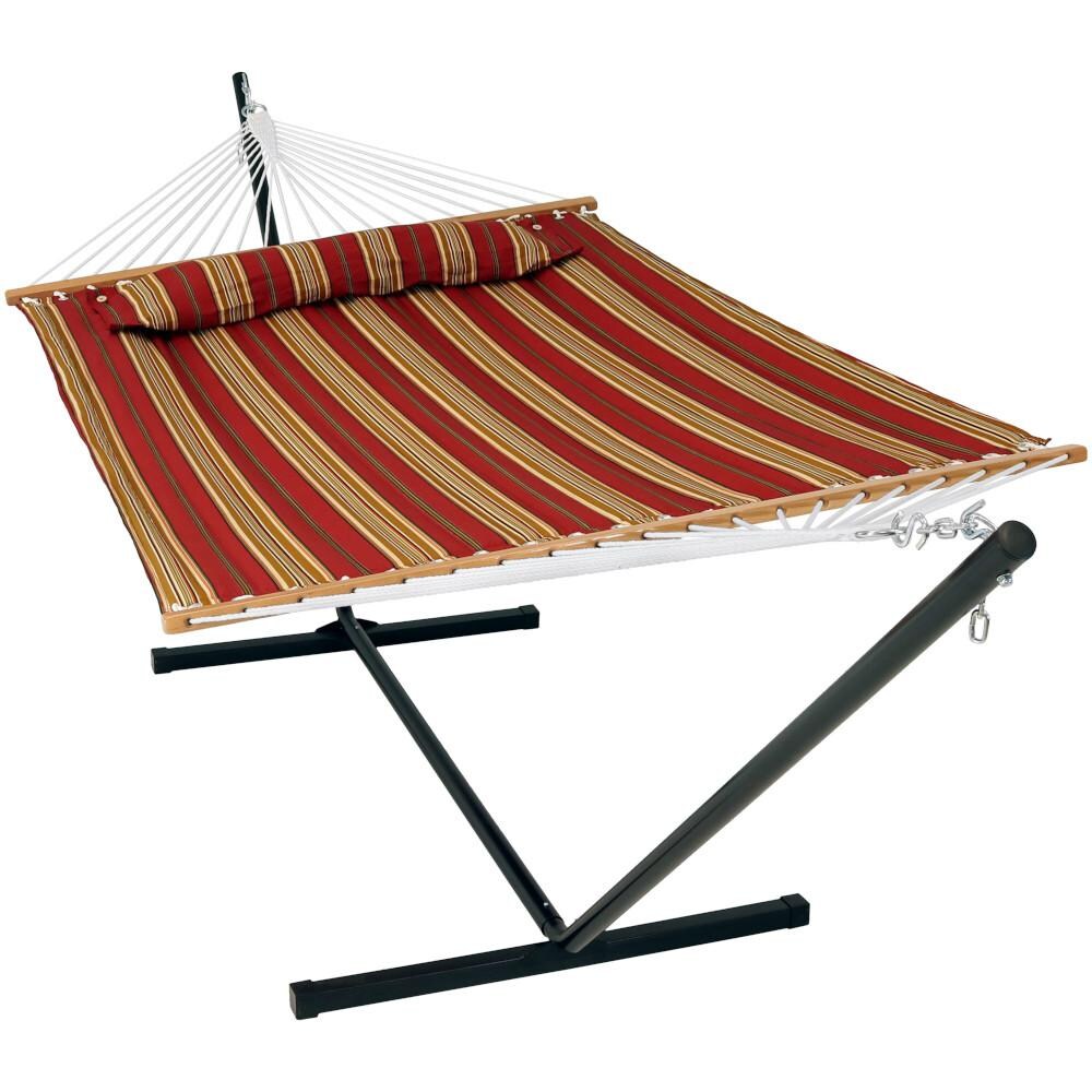 Sunnydaze Decor Quilted Double Hammock w/ Pillow & Stand - Red Stripe - LY-QFH-RD-COMBO image