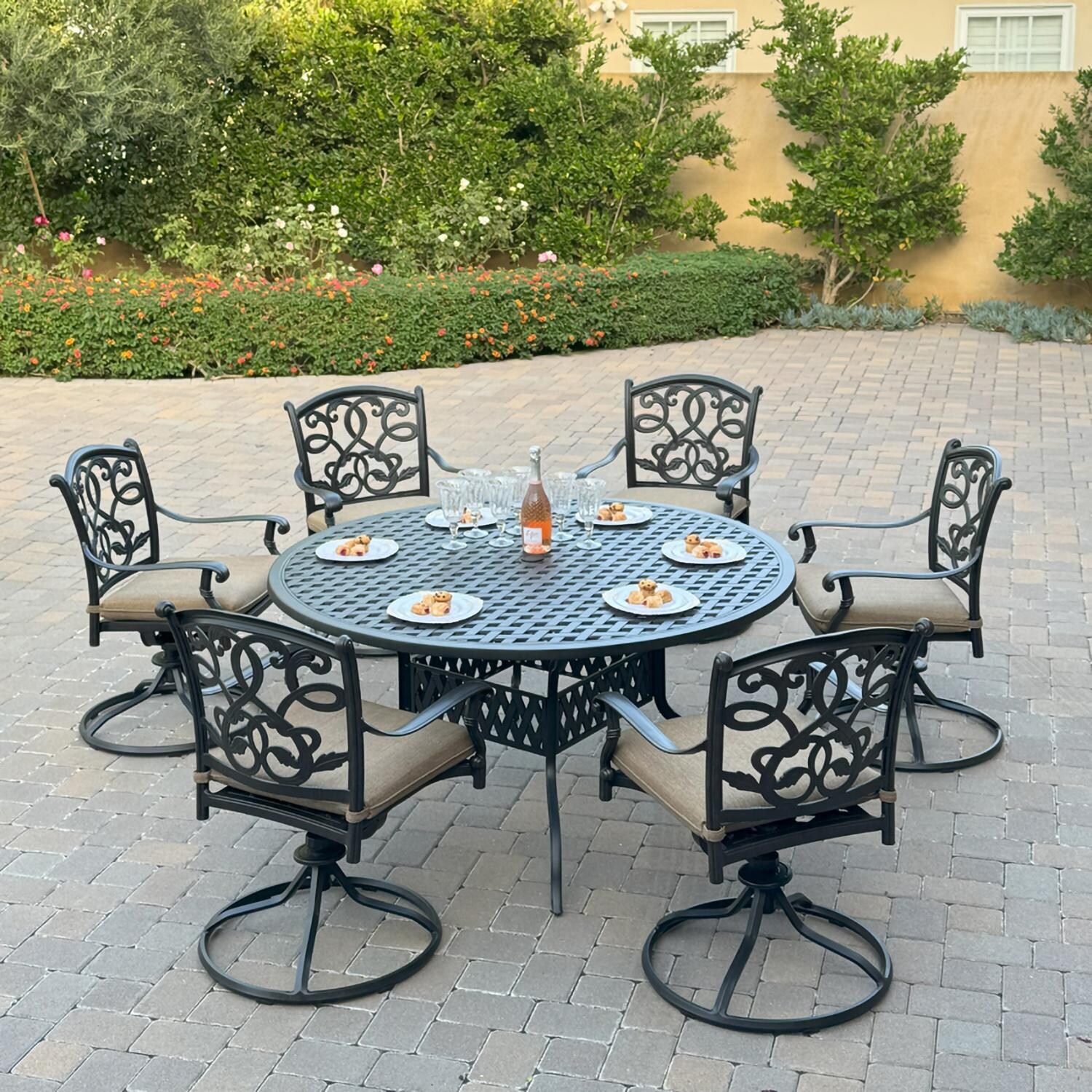 Santa Monica 7 Pc Cast Aluminum Dining Set w/ Series 30 Table in Antique Bronze By Darlee