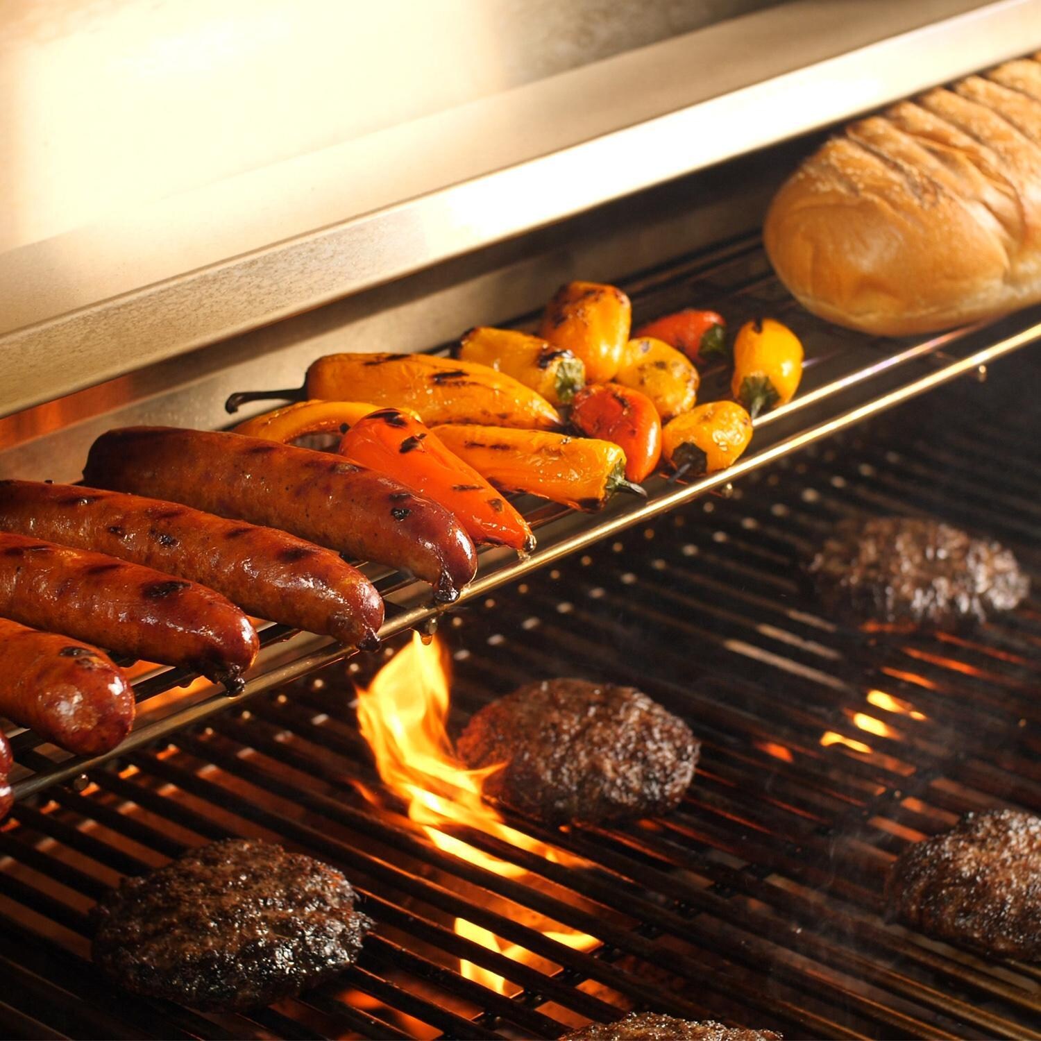 Lion 40-Inch L90000 Gas Grill - Grilling Burgers & Keeping Food Hot On The Warming Rack - Lifestyle thumbnail