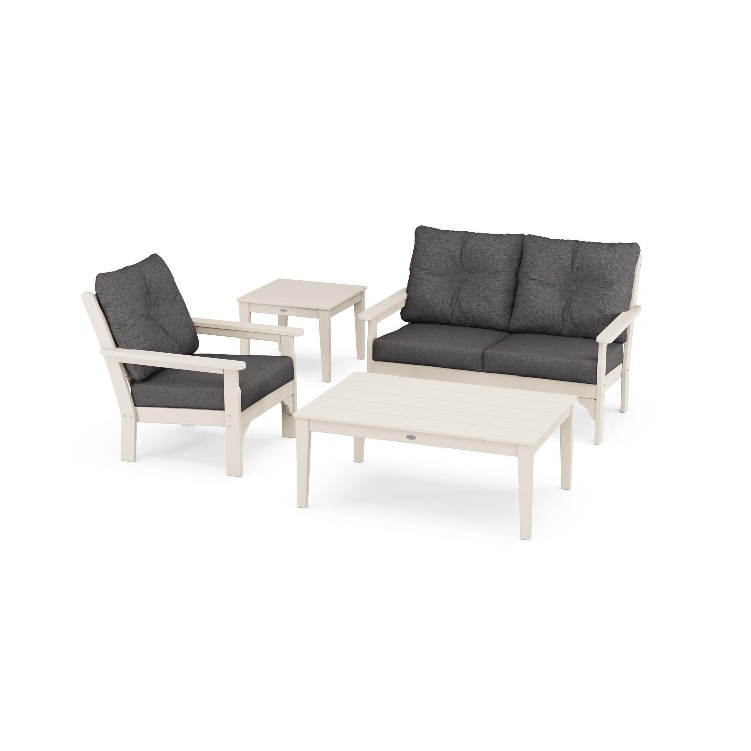 Vineyard 4 Pc Recycled Plastic Seating Set w/ Smaller Tables in Sand/Ash Charcoal by POLYWOOD