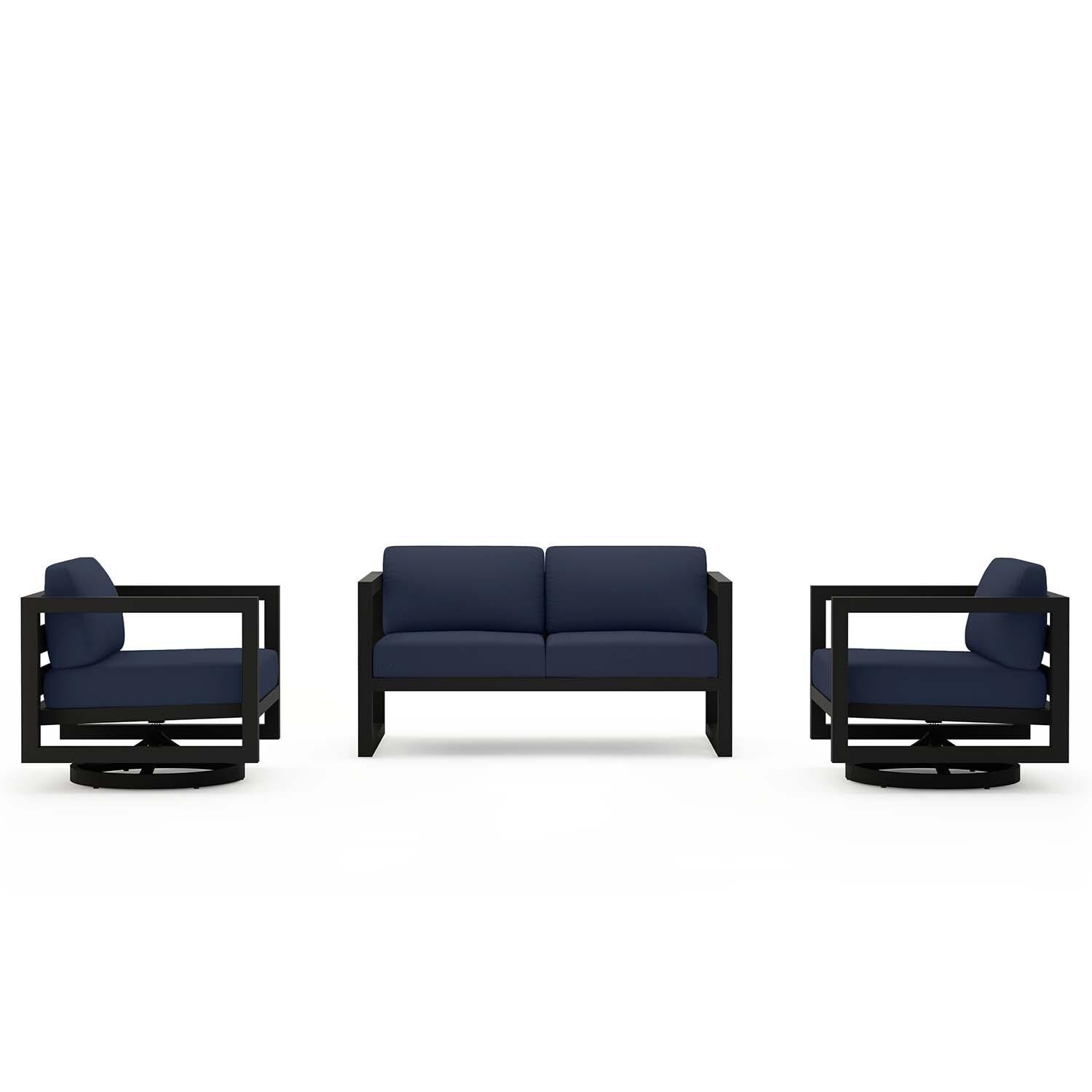 Misty Cove 3 Pc Aluminum Loveseat Seating Set w/ Swivel Chairs in Black/Spectrum Indigo by Lakeview Outdoor Designs - Front View - White Background thumbnail