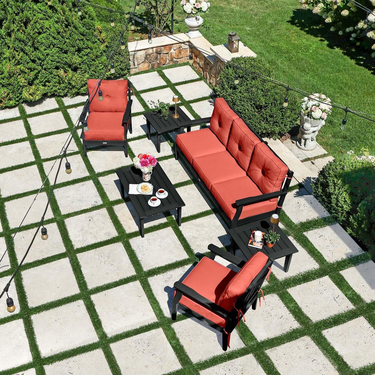 Blushing Bay 6 Pc Recycled Plastic Seating Set w/ Sofa in Canvas Persimmon/Black by Lakeview Outdoor Designs - Top View - Lifestyle thumbnail