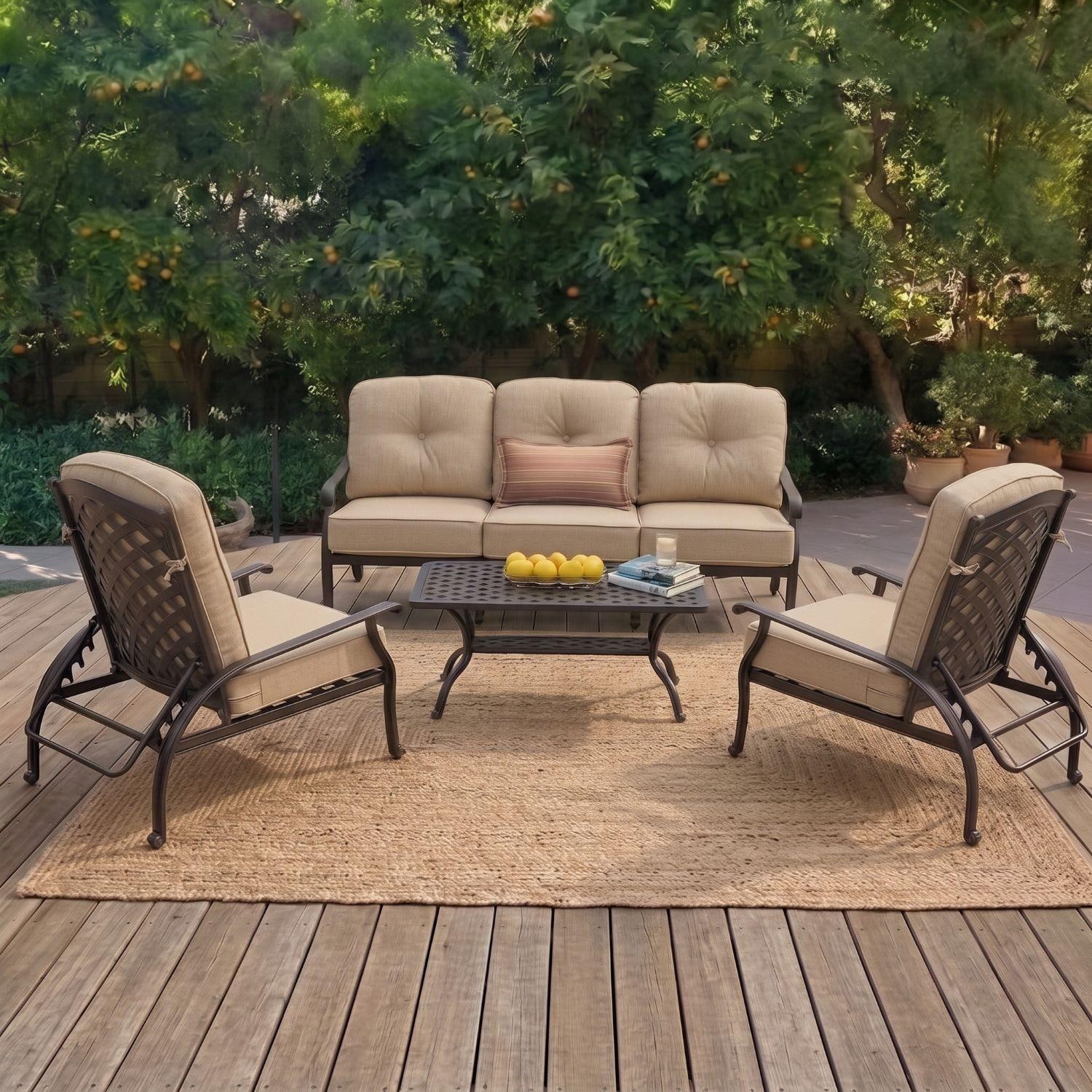 Darlee Nassau 4 Pc Cast Aluminum Seating Set w/ 42 X 21 Inch Table w/ Reclining Chairs & Throw Pillows in Antique Bronze/Beige Canvas by