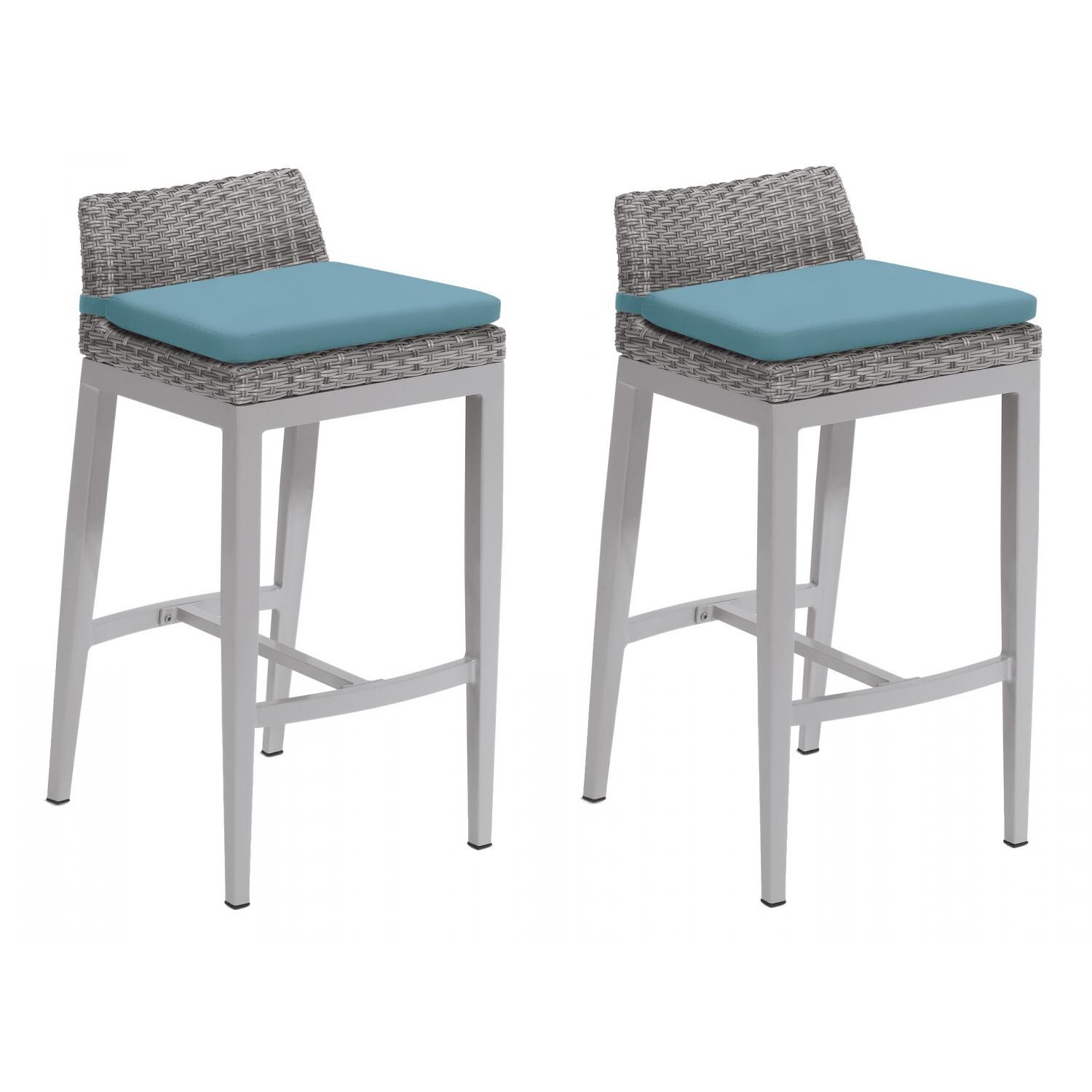 Argento 2 Piece Wicker Patio Bar Stool Set W/ Ice Blue Cushions By