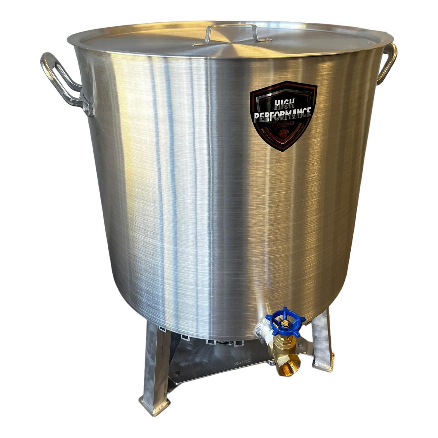 High Performance Cookers PW120-BTJ-VLV075 120 Quart Powered Seafood/Crawfish Cooker - Front Powered - White Background thumbnail