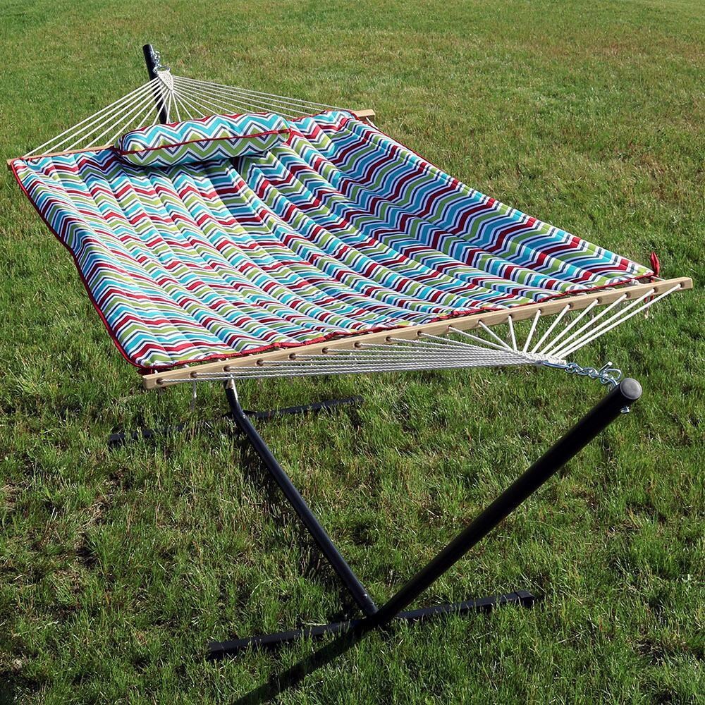 Ultimate Patio Rope Hammock w/ Stand, Pad, & Pillow - Multi-Color Chevron - w/ Hammock Pad thumbnail