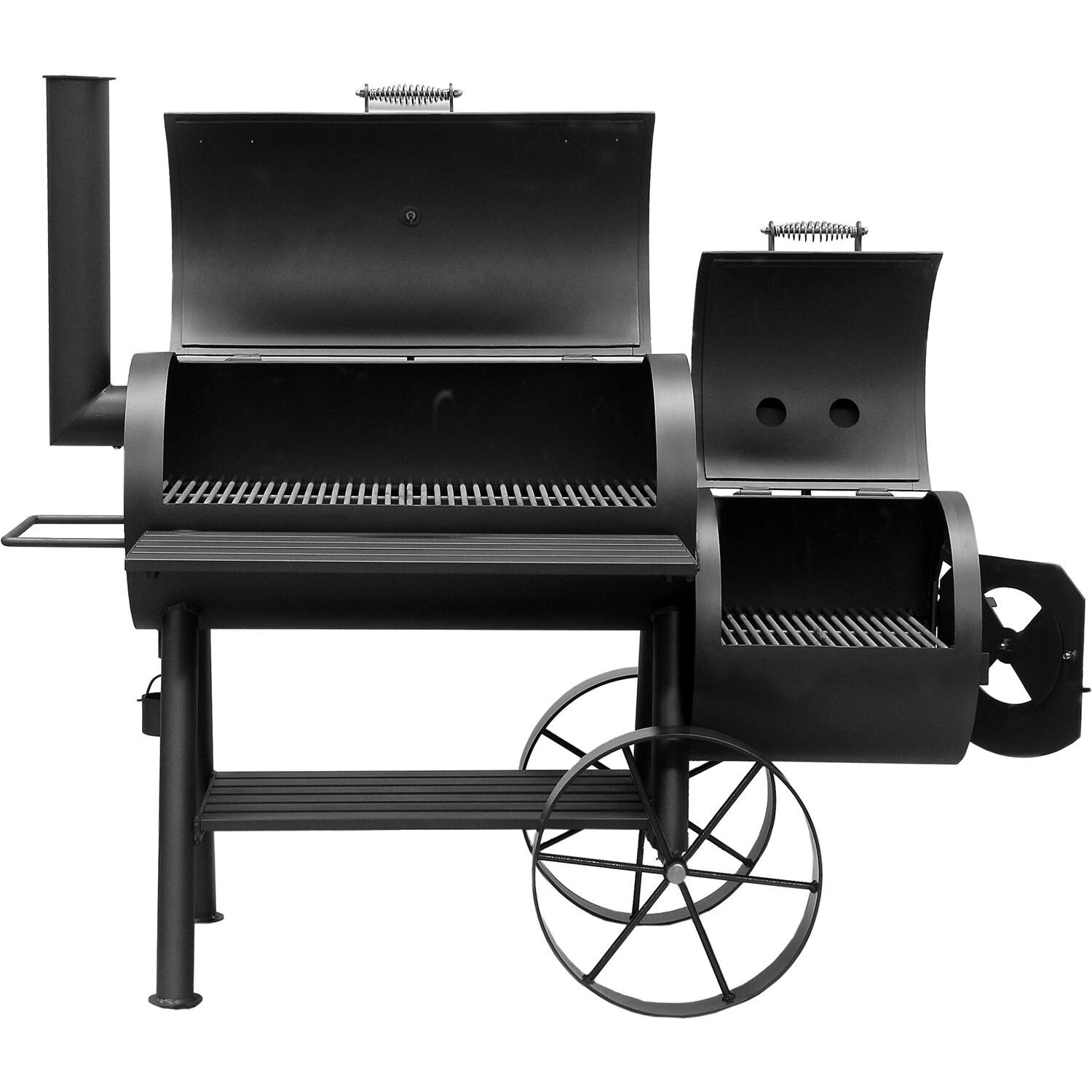 1801 - BBQ Pit Boys Denali Offset Charcoal Smoker - Smoker Front View With Hoods Open thumbnail
