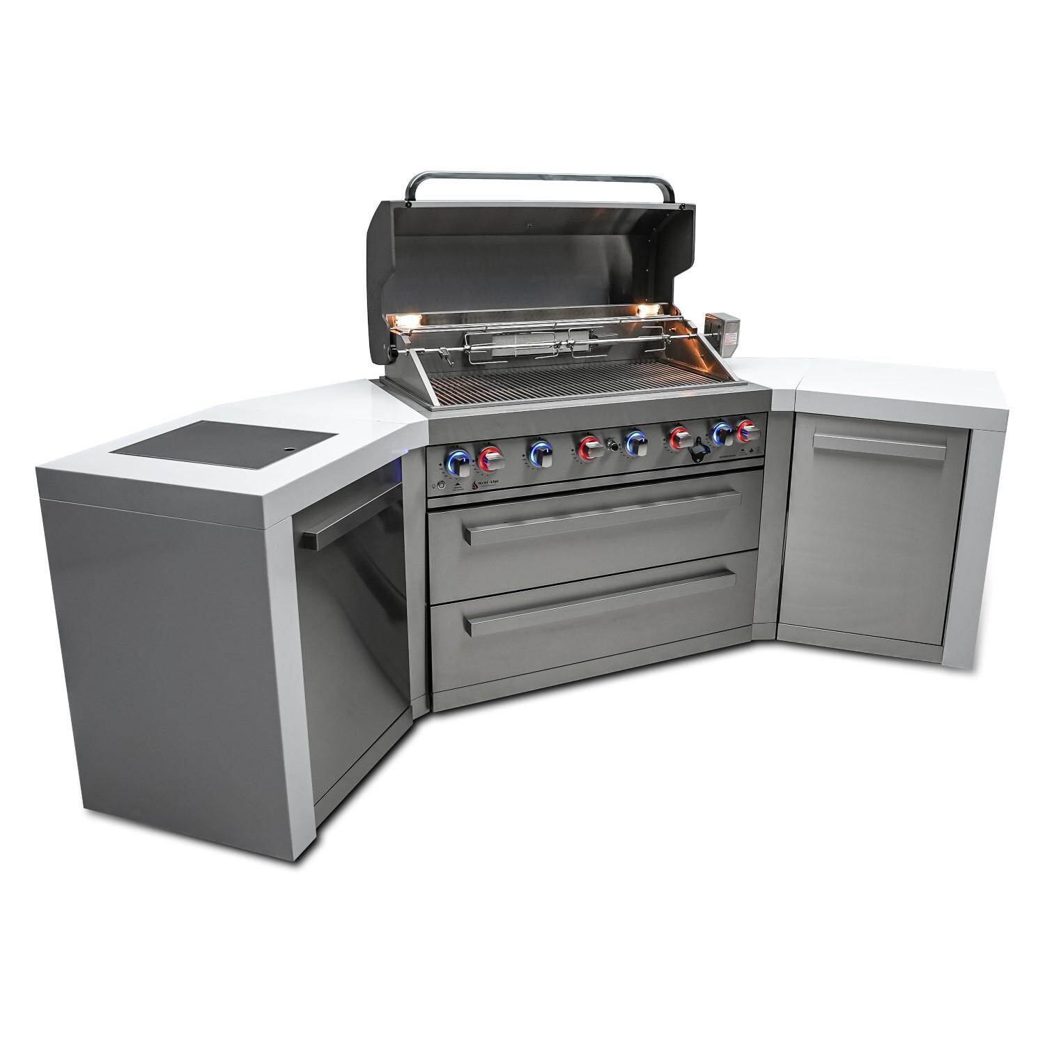 Mont Alpi - MAi805-D45 - Deluxe 45 Degree Propane Gas Island Grill W/ Infrared Side Burner & Rotisserie Kit - Open With Burners On Angled Left - White Background thumbnail