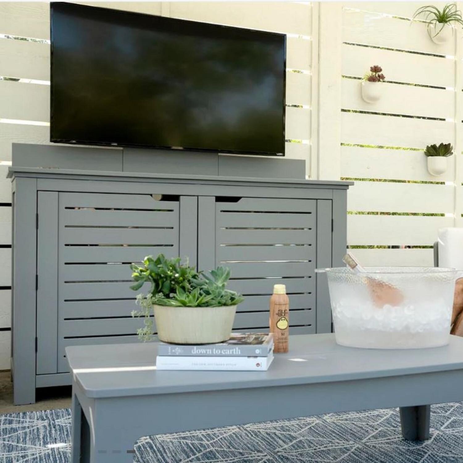 Ledge Lounger Mainstay Rectangle Bar Credenza w/ TV Mount - Sage Green - (Shown in Gray) - Front View - Lifestyle thumbnail