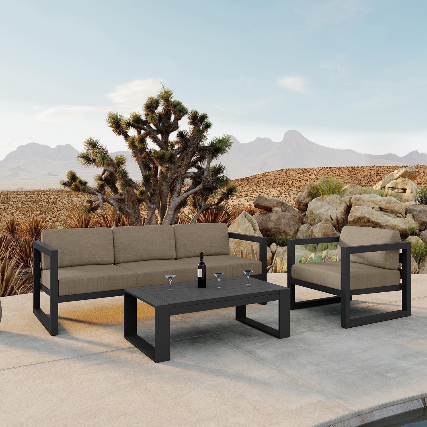 Misty Cove 3 Pc Aluminum Seating Set w/ Sofa & Portal Coffee Table in Slate/Heather Beige by Lakeview Outdoor Designs