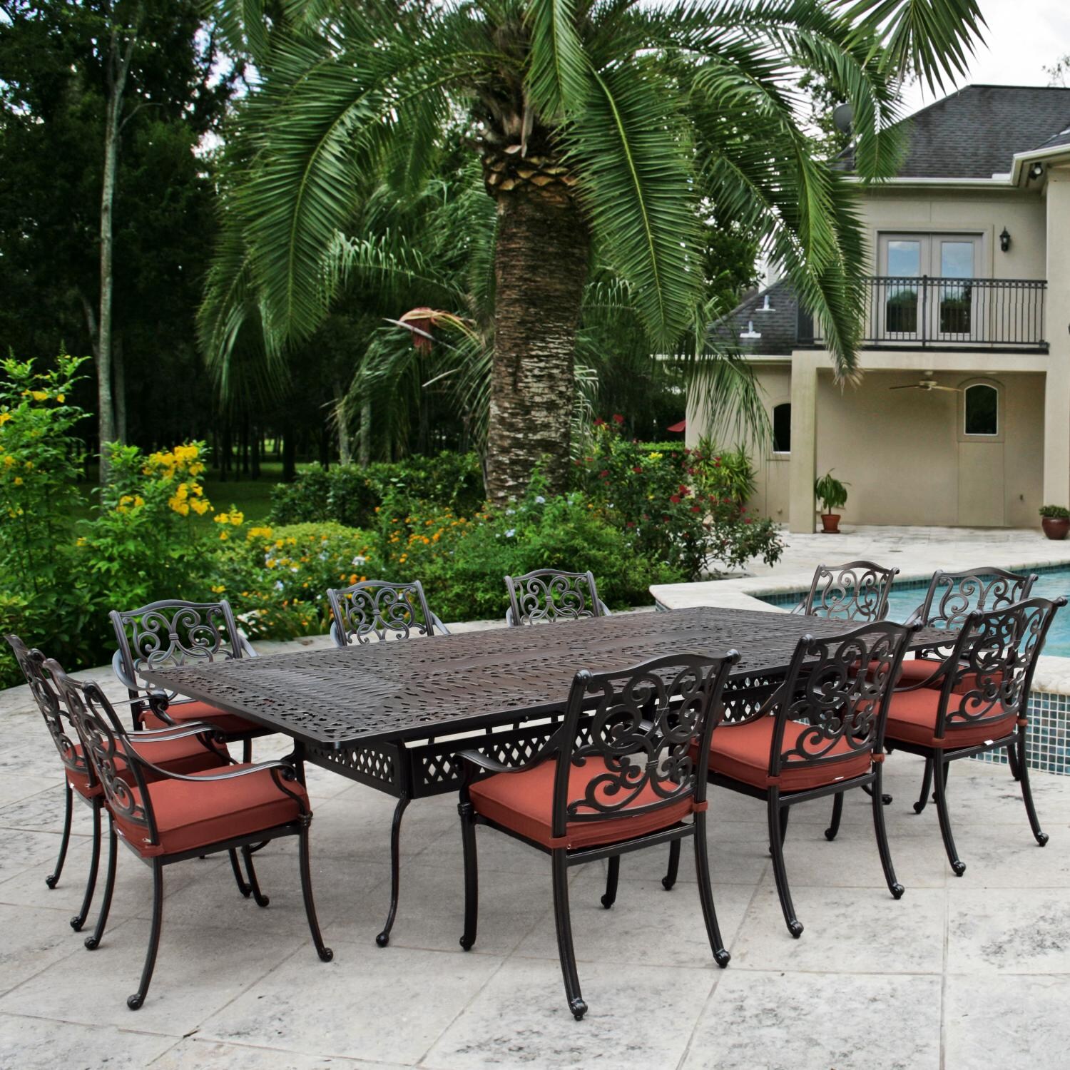 Villa Flora 11 Piece Cast Aluminum Patio Dining Set W 108 X 60 Villa Flora 11 Piece Cast Aluminum Patio Dining Set W 108 X 60 Inch Rectangular Table Sunbrella Canvas Henna Cushions By Lakeview Outdoor Designs