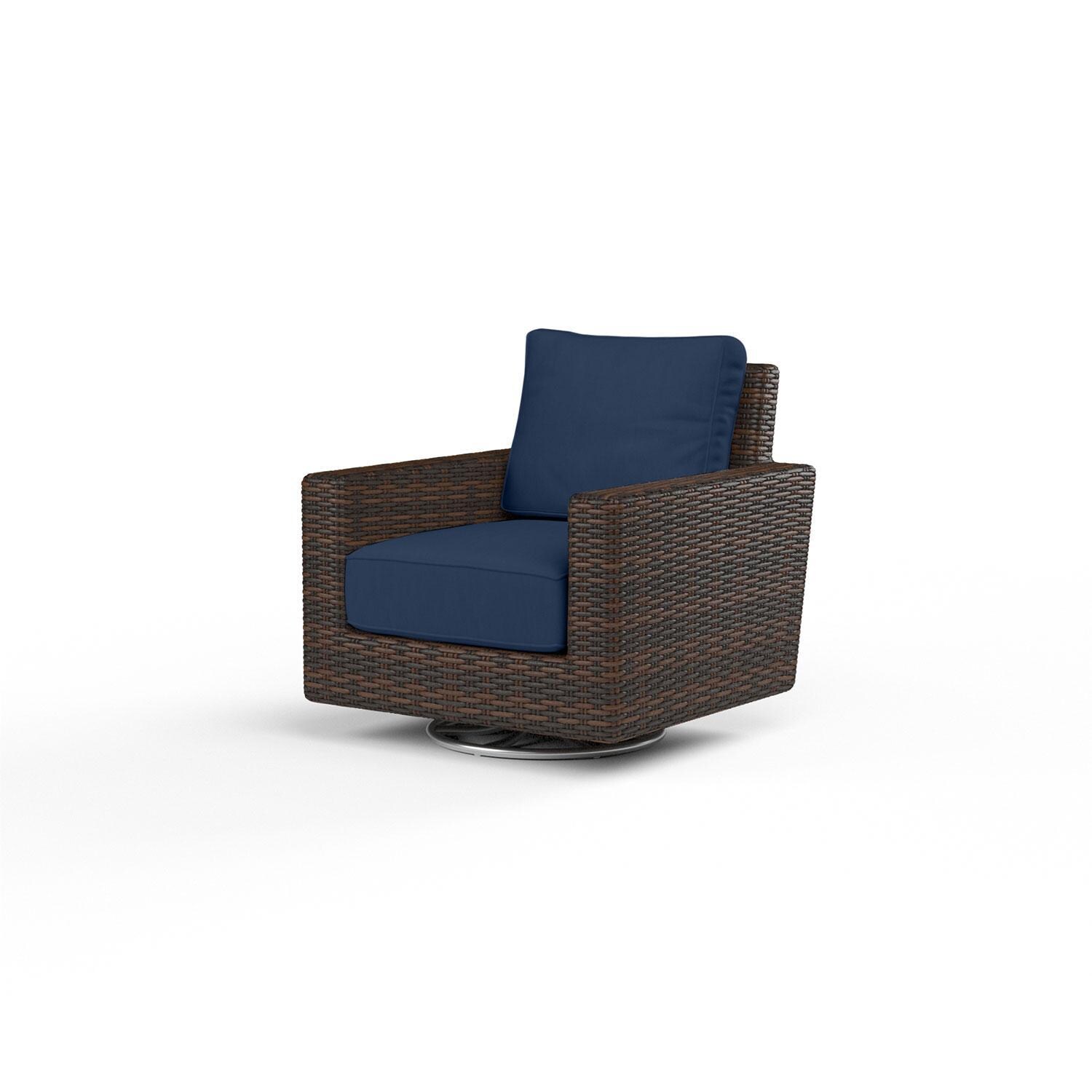 Montecito Wicker Patio Swivel Rocker Club Chair in Spectrum Indigo w/ Self Welt By Sunset West - Display - White Background thumbnail