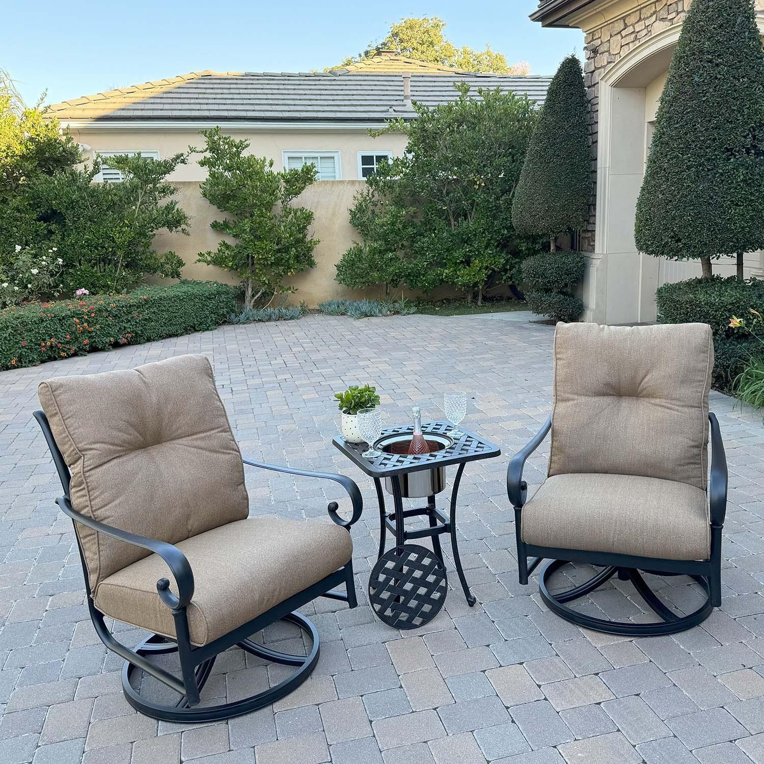 Santa Anita 3 Pc Cast Aluminum Bistro Set w/ 21-in Series 30 Ice Bucket End Table & & Swivel Rockers in Antique Bronze/Heather Beige Sunbrella by Darlee