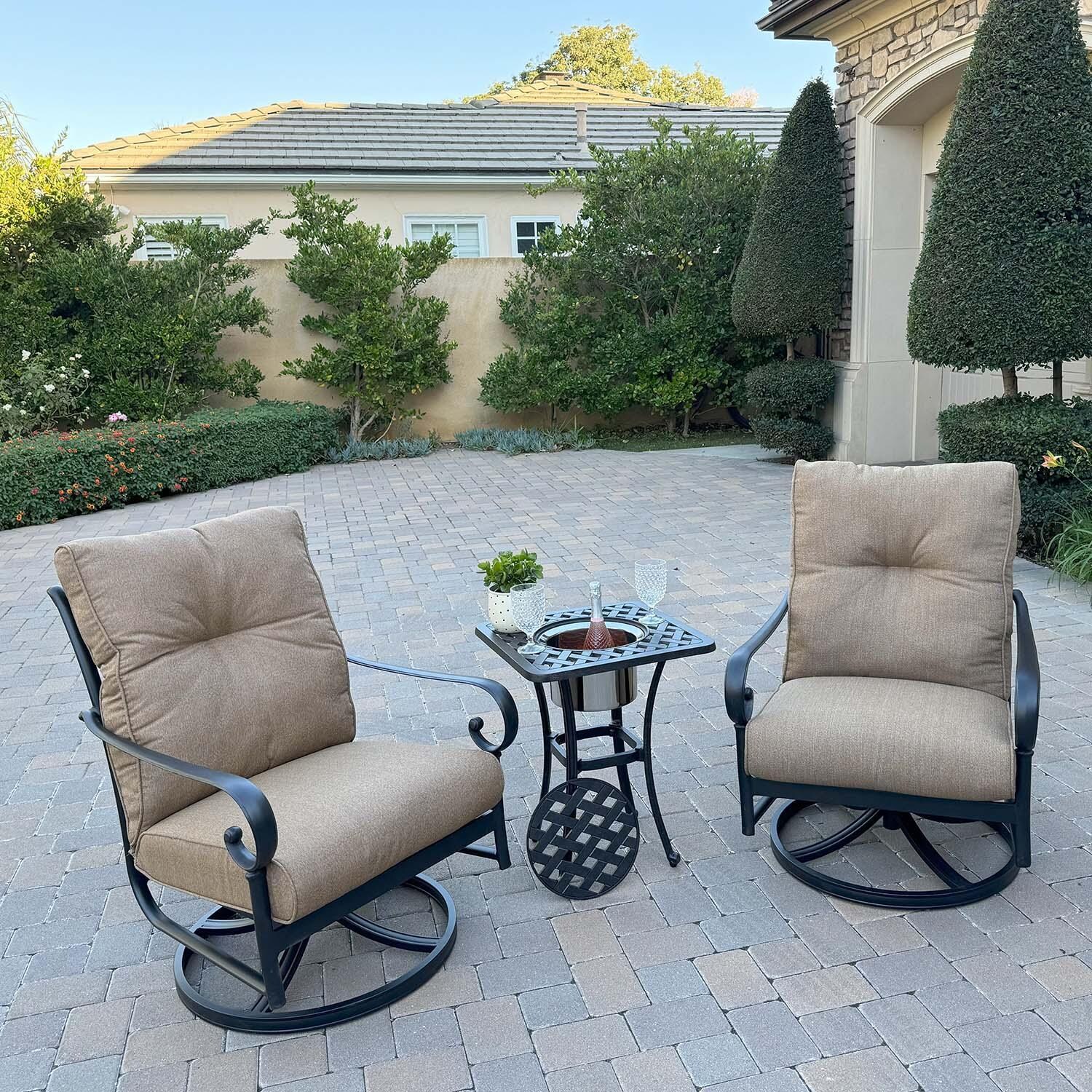 Santa Anita 3 Pc Cast Aluminum Bistro Set w/ Swivel Rockers in Antique Bronze/Heather Beige by Darlee - Lifestyle thumbnail