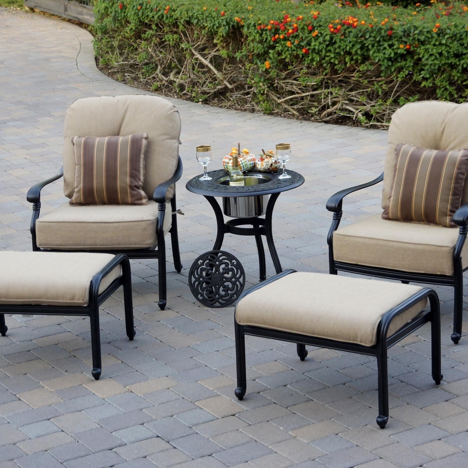 Darlee Santa Monica 5 Pc Cast Aluminum Seating Set w/ 24 Inch Series 60 Ice Bucket End Table & Throw Pillows in Antique Bronze/Beige Canvas by