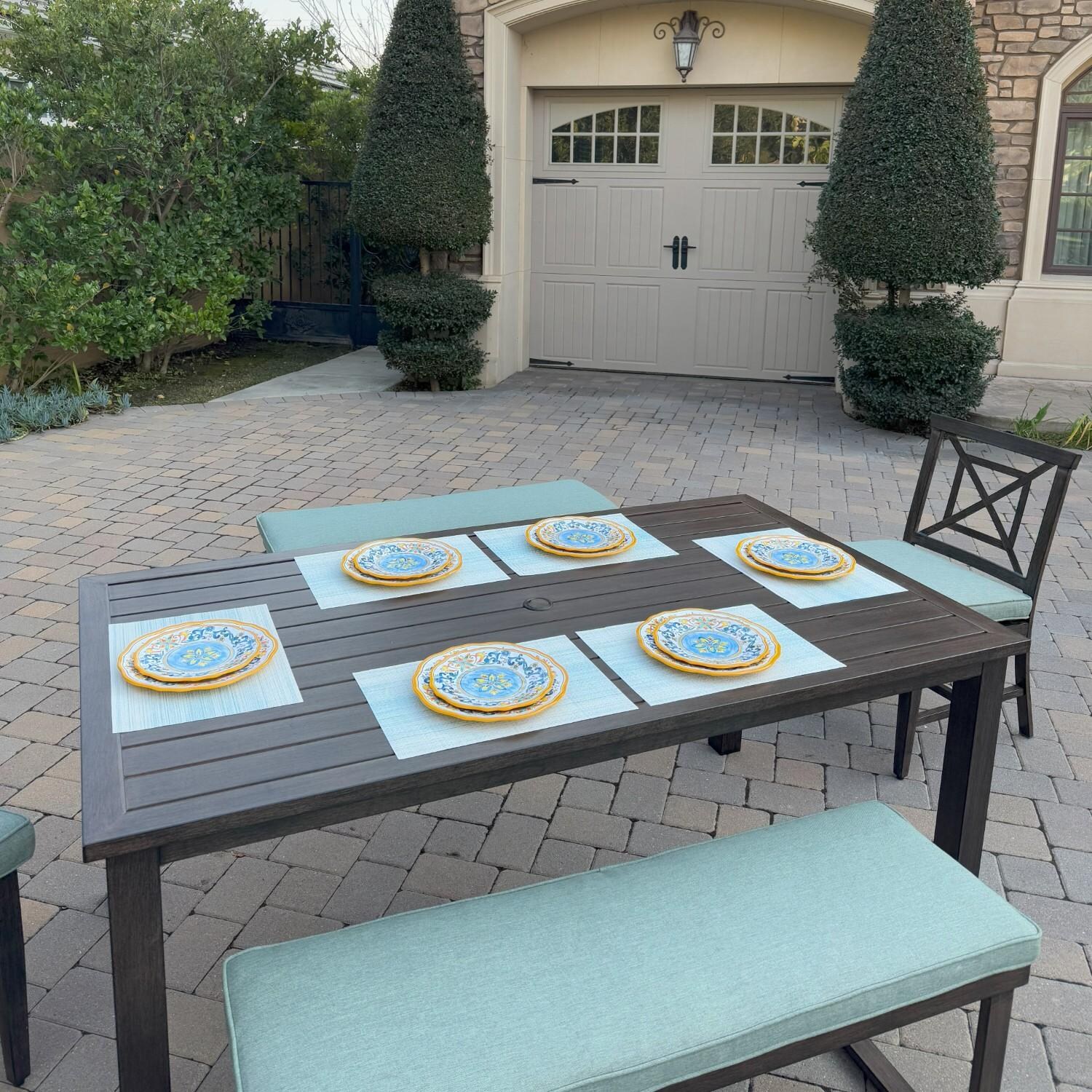 Atlantis 5 Pc Aluminum Dining Set w/ 2 Dining Side Chairs & 2 Two Person Benches in Walnut/Spa by Darlee - Table Angled - Lifestyle thumbnail