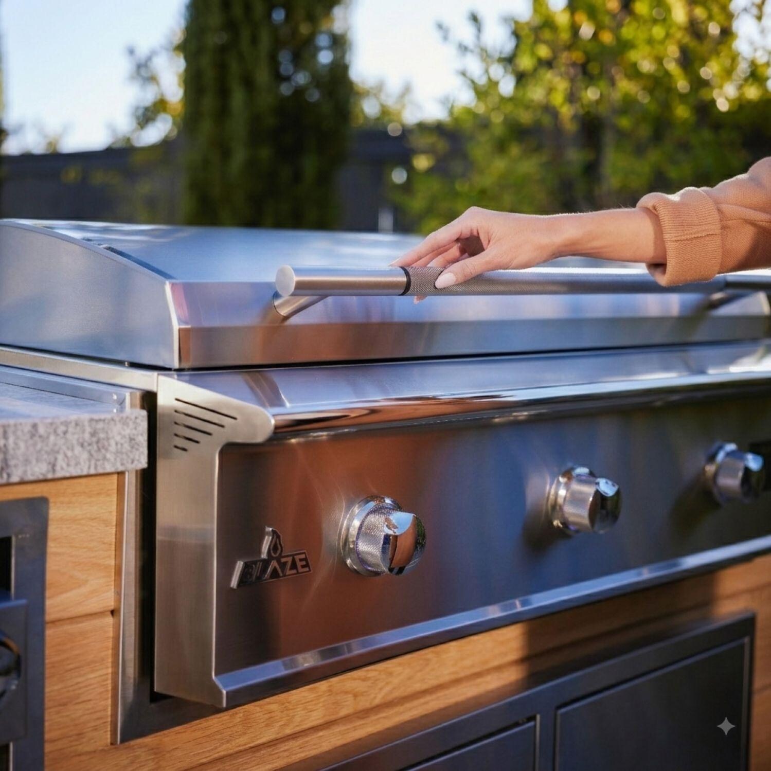 BBQGuys Signature 12 Ft Grill Island w/ 40-in Propane Blaze LTE Pro Grill & Griddle Right Side - Lifestyle handle detail thumbnail