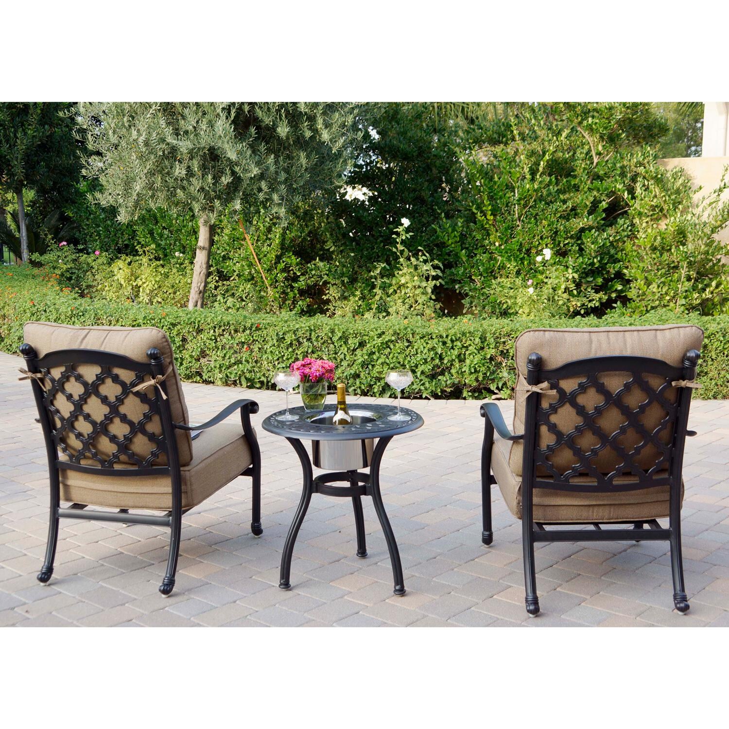 Darlee Madison 3 Piece Cast Aluminum Patio Conversation Set W/ 24-Inch Round Ice Bucket End Table & Sesame Cushions - Back View thumbnail