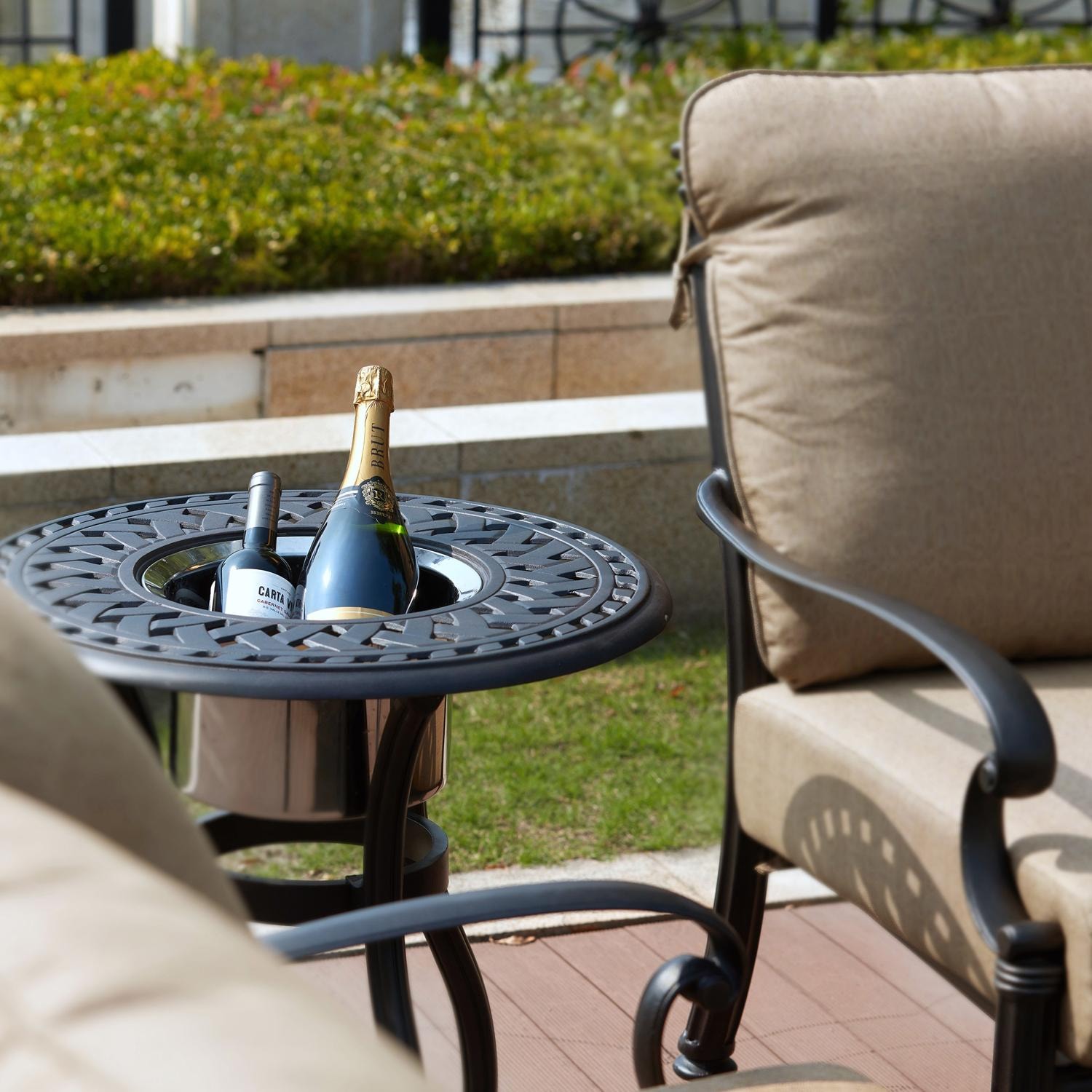 Darlee Santa Barbara 7 Pc Cast Aluminum Seating Set w/ 42 X 21 Inch Series 60 Ice Bucket End Table & Swivel Rocker - End Table, In Use - Lifestyle thumbnail