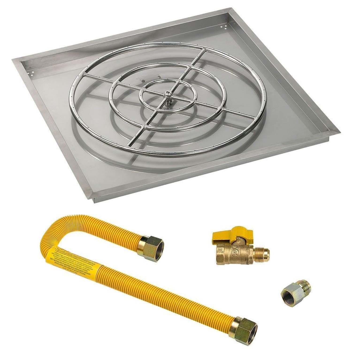 BBQGuys Signature 36 Inch Stainless Steel Square Drop-In Fire Pit Pan W/High Capacity Match Light Kit - 24 Inch Ring - Natural Gas