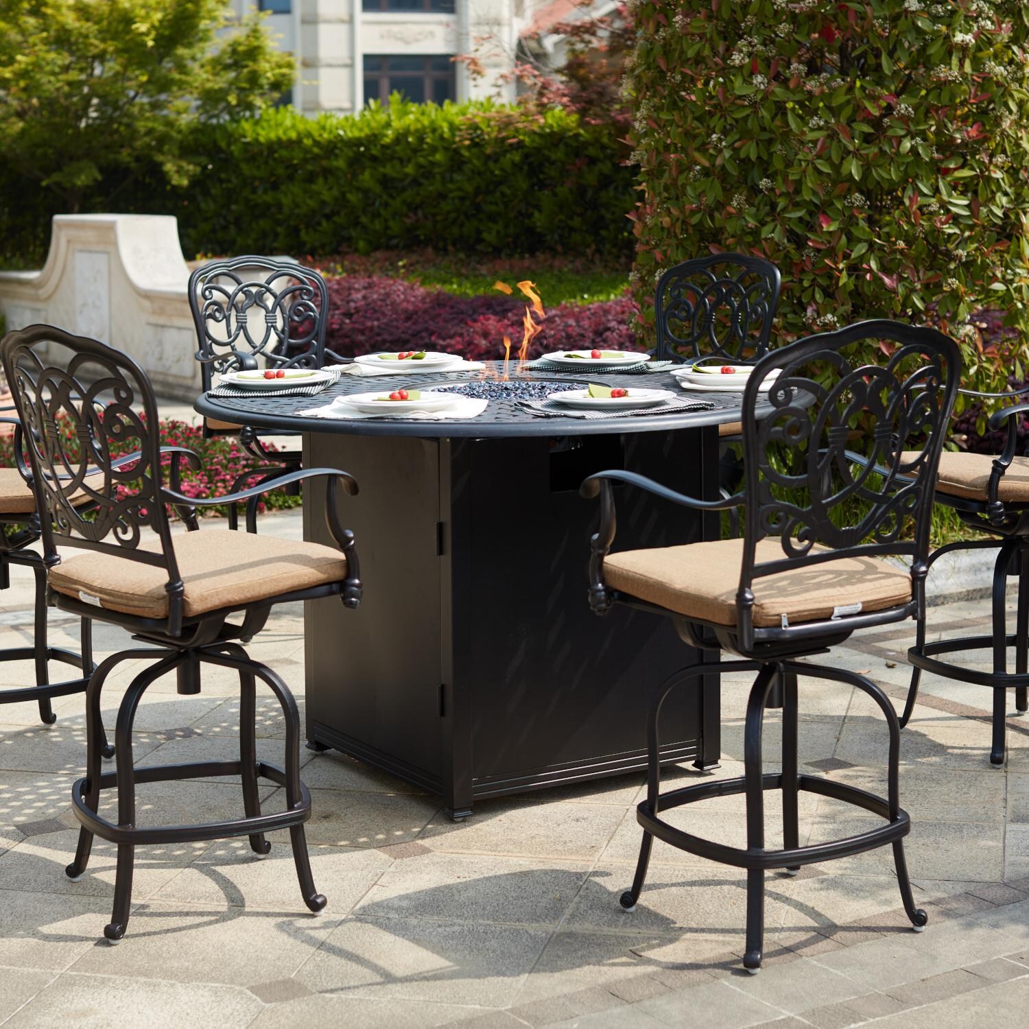 Darlee Florence 7 Piece Cast Aluminum Patio Counter Height Fire Pit Bar