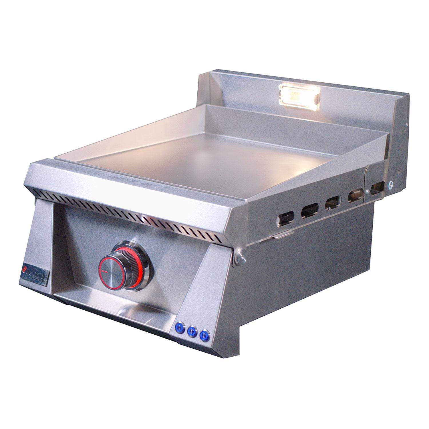 Le Griddle OML40P3 Pro Series 40 Built-In Natural Gas Flat Top Grill Griddle w/ 3mm Plate - Burner On Red LED Knob - Side View - White Background thumbnail