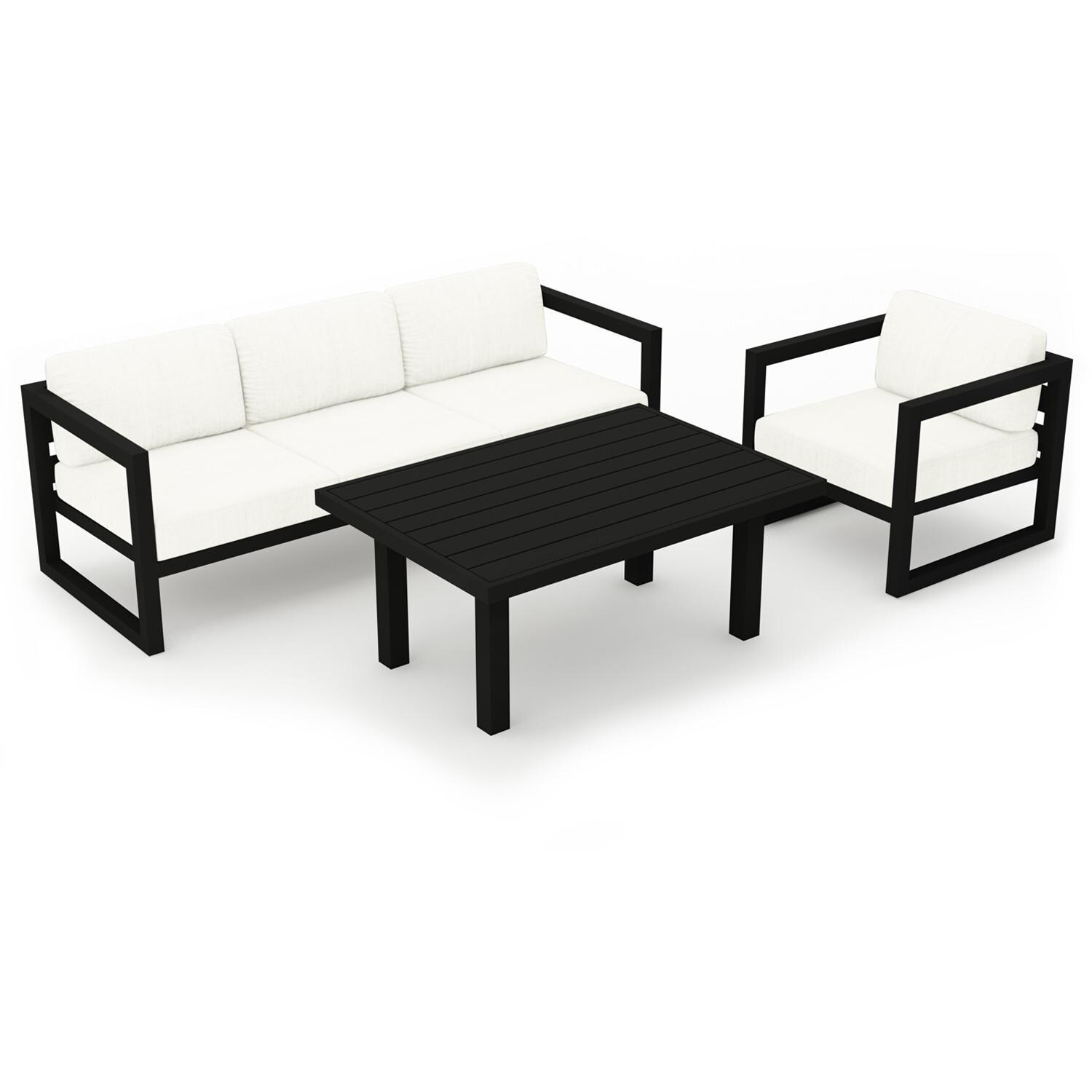 Lakeview MSTYCV-BK-SET138-CN Misty Cove 3 Pc Aluminum Seating Set in Black w/Chat Table & Canvas Natural Cushions by Lakeview Outdoor Designs - Set Angled View - White Background thumbnail
