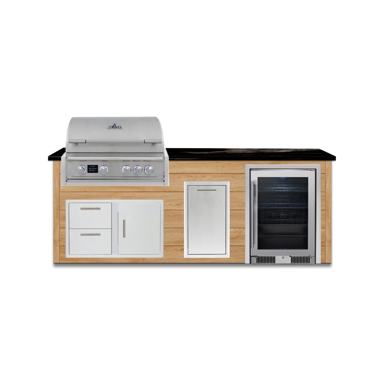 BBQGuys Signature 8 Ft Grill Island w/ 32-in Propane Blaze Premium LTE Pro Grill, Beverage Center, Double Trash Bin & Door & Drawer | Sun Bleached Oak w/ Nero Mist Granite - Front - White Background thumbnail