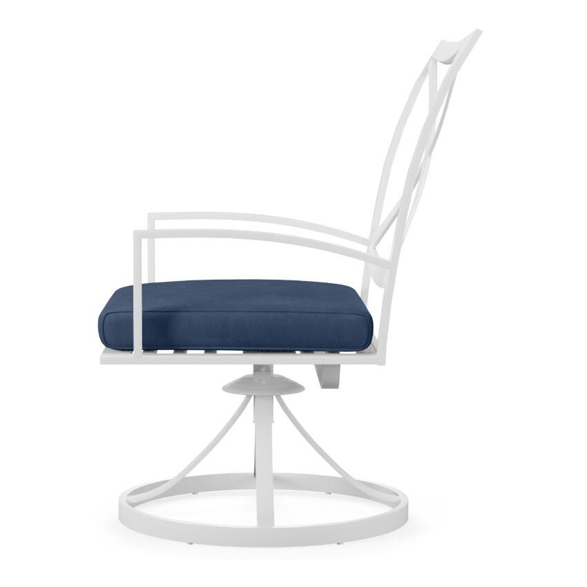 Bristol Aluminum Swivel Dining Arm Chair w/ Self Welt in White/Spectrum Indigo by Sunset West - Side View - White Background thumbnail