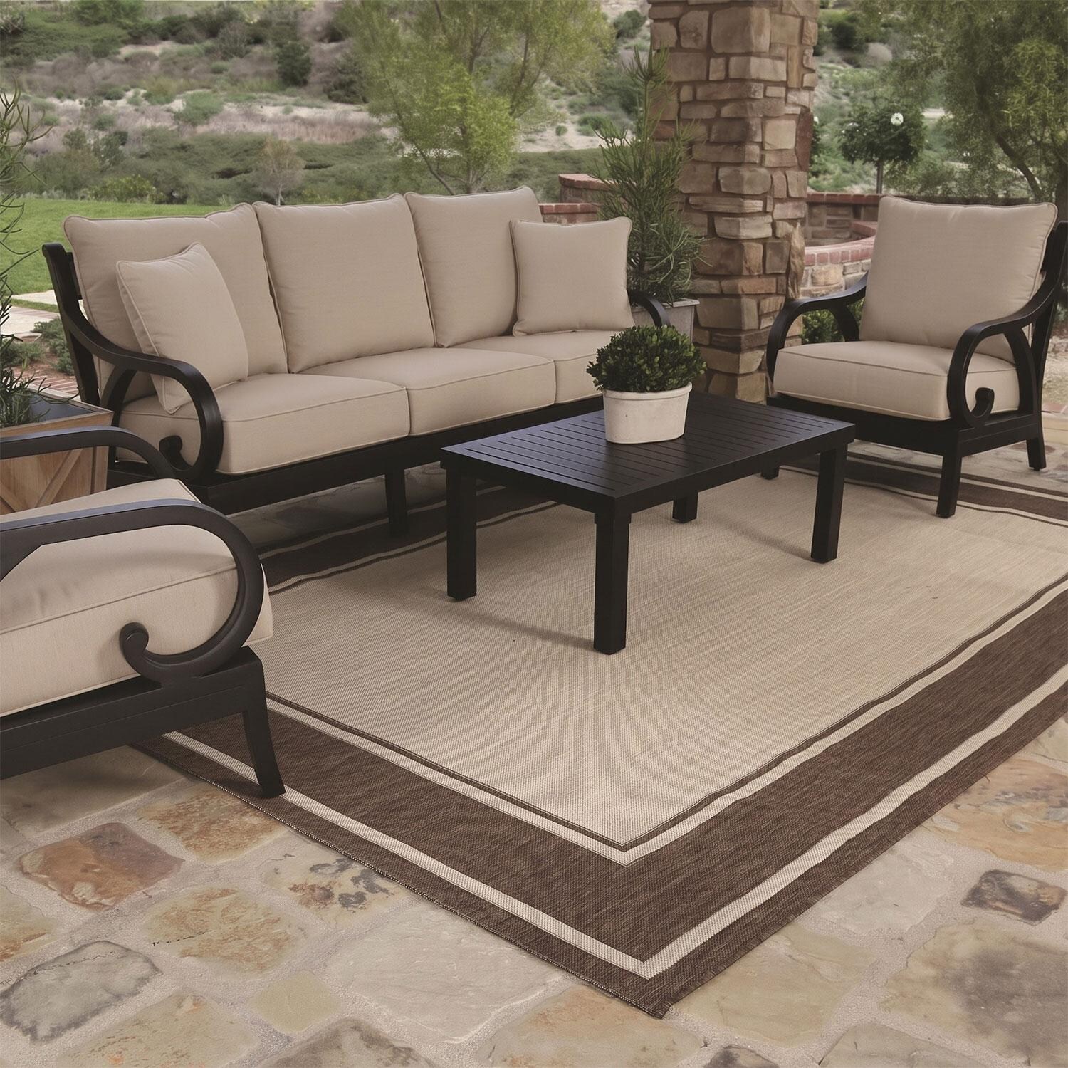 Monterey Aluminum Patio Club Chair in Canvas Natural w/ Self Welt By Sunset West - Under Porch - Styled W/ Furniture (Only One Club Chair Included) - Lifestyle thumbnail