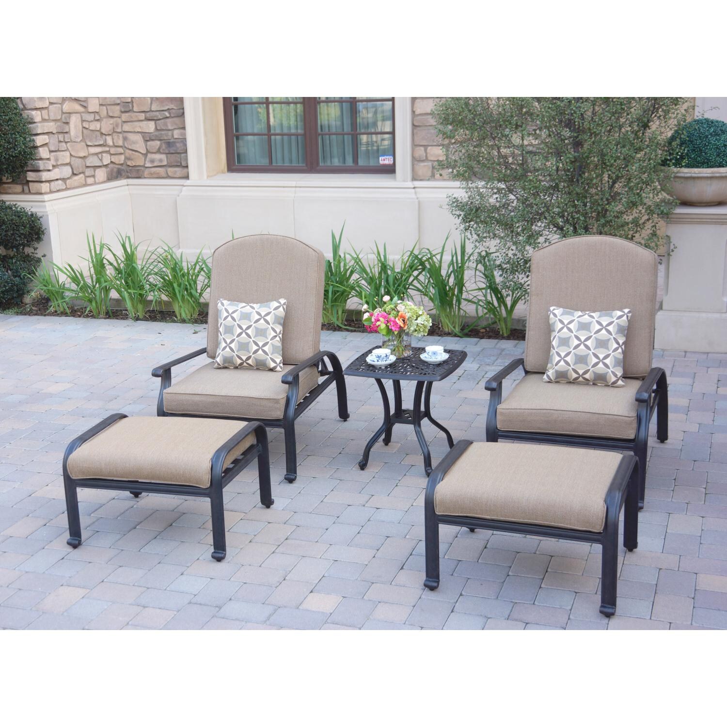 Darlee DL709-5PC-707SP Elisabeth 5 Piece Cast Aluminum Patio Conversation Set W/ Reclining Club Chairs & Sesame Cushions - Lifestyle thumbnail
