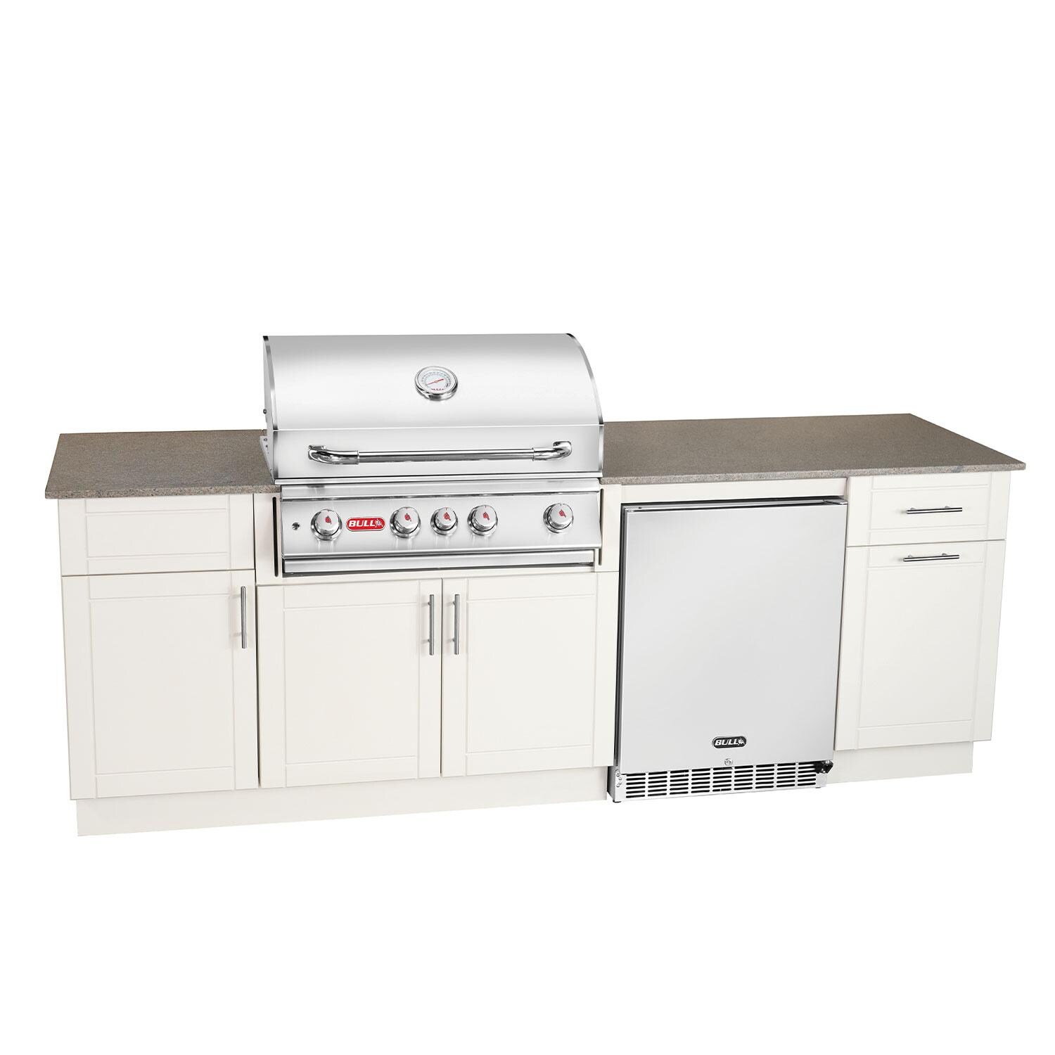 Bull Myrtle Beach DuraBull 8 Ft Outdoor Kitchen Island w/ Angus 30-in Propane Grill, Refrigerator, & Trash Bin in Dune/Coffee Brown Granite