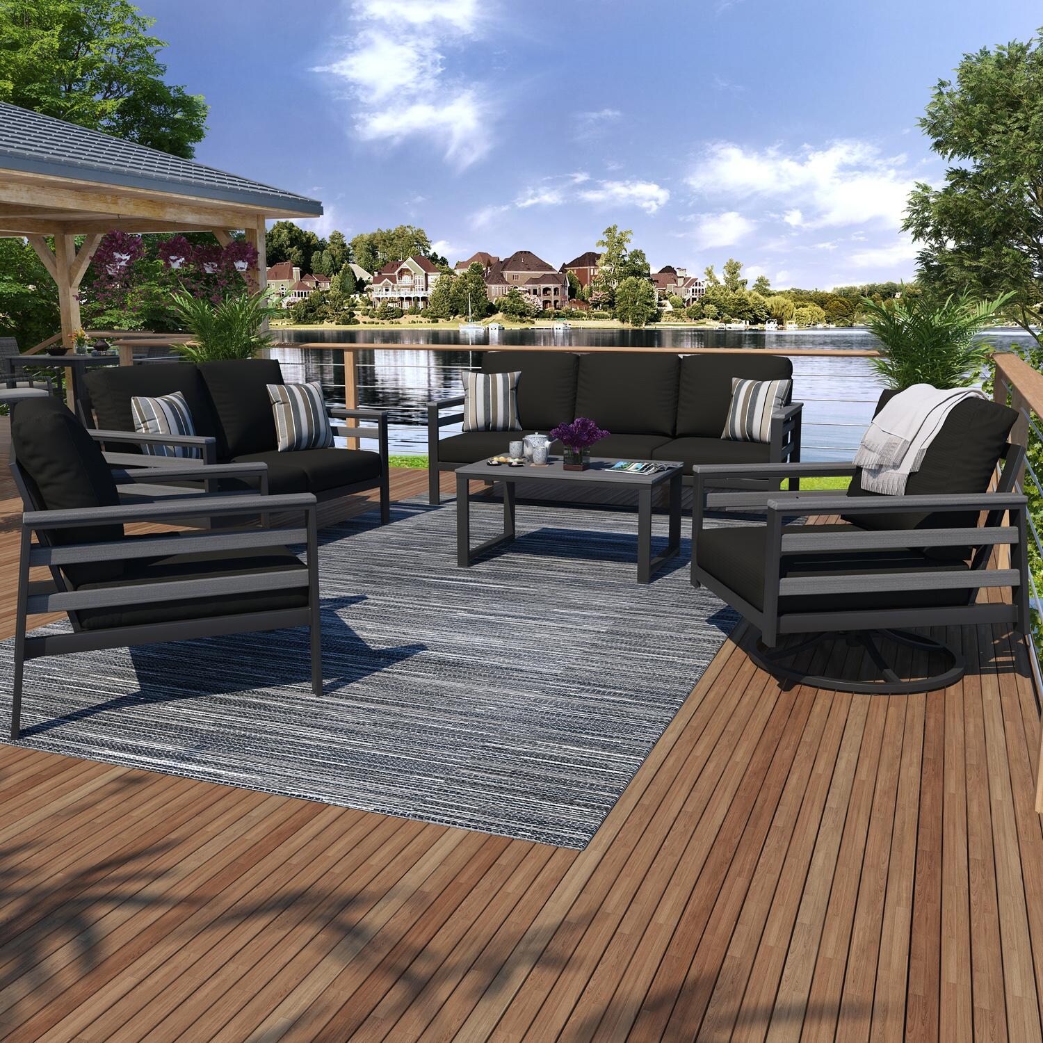 Lakeview NC6400TANGSLAT-9PC-CB Oasis Bay 9 Pc Aluminum Seating Set w/ Slat Side Panels in Gray/Canvas Black - Set - Lifestyle thumbnail